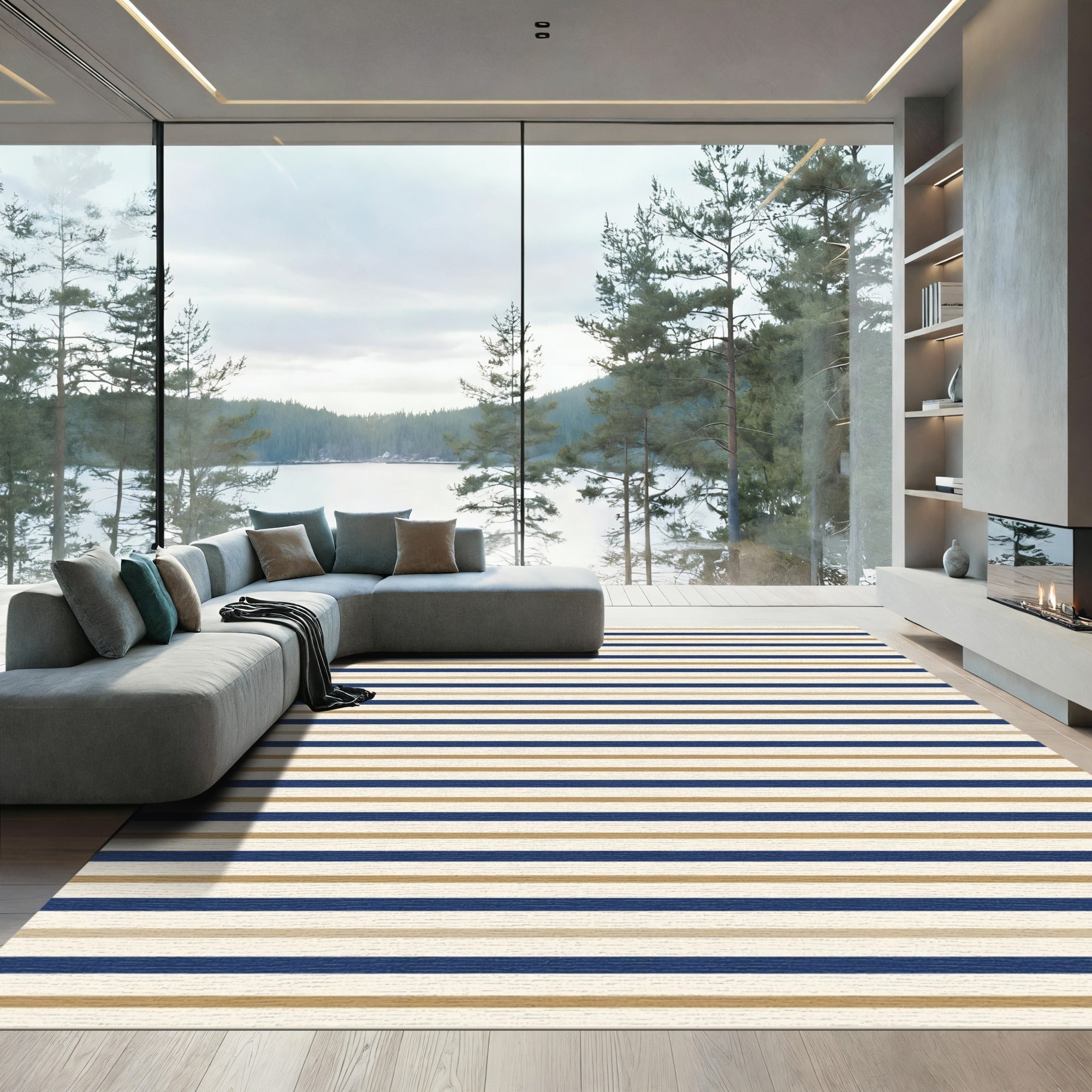Navy Gold Cream Horizontal Stripe Compositions Rug