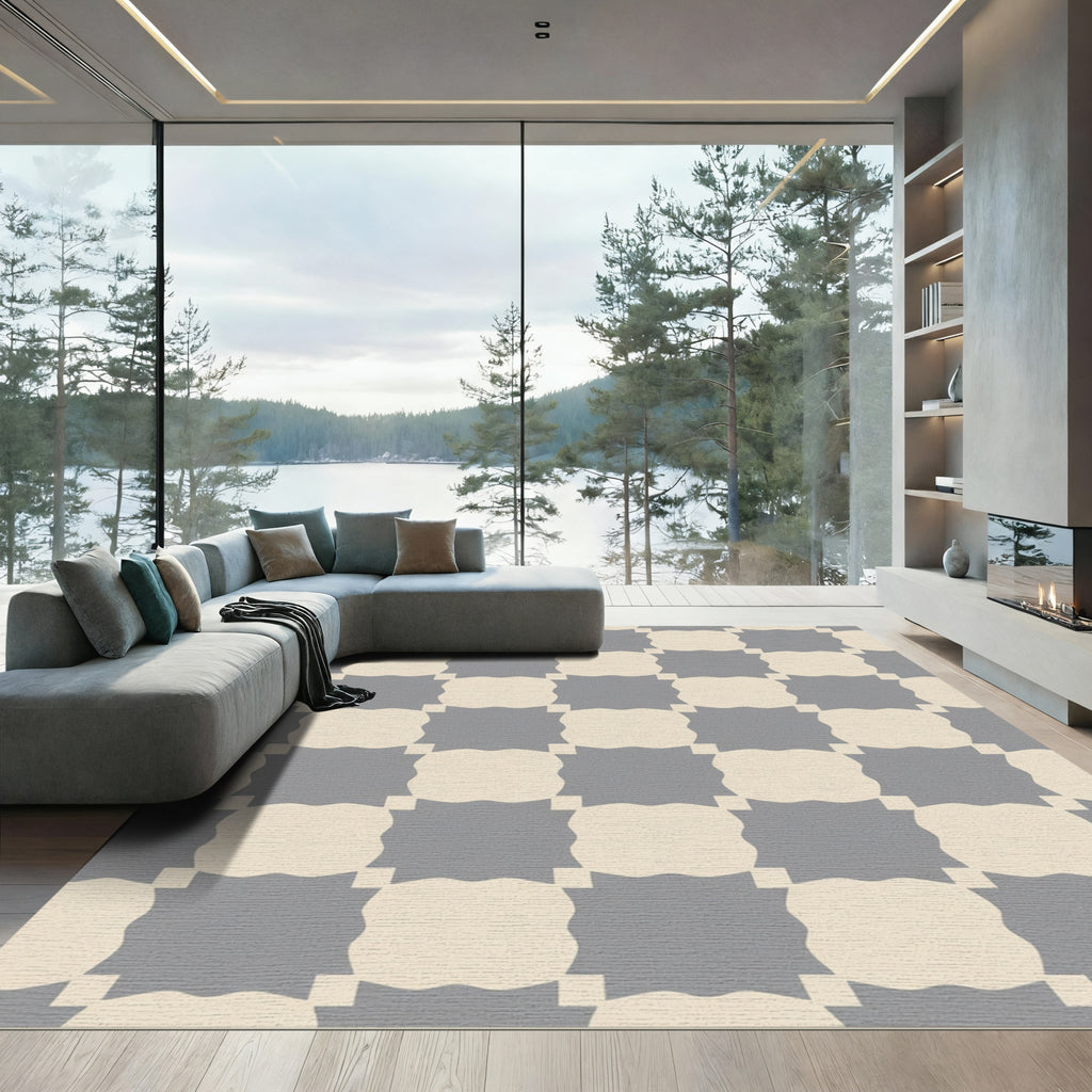 Gray Cream Interlocking Squares Rug