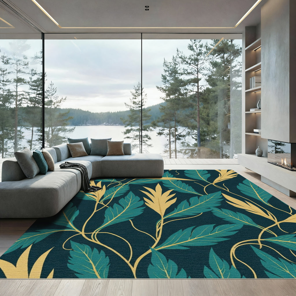 Deep Teal and Gold Leafy Vines Rug
