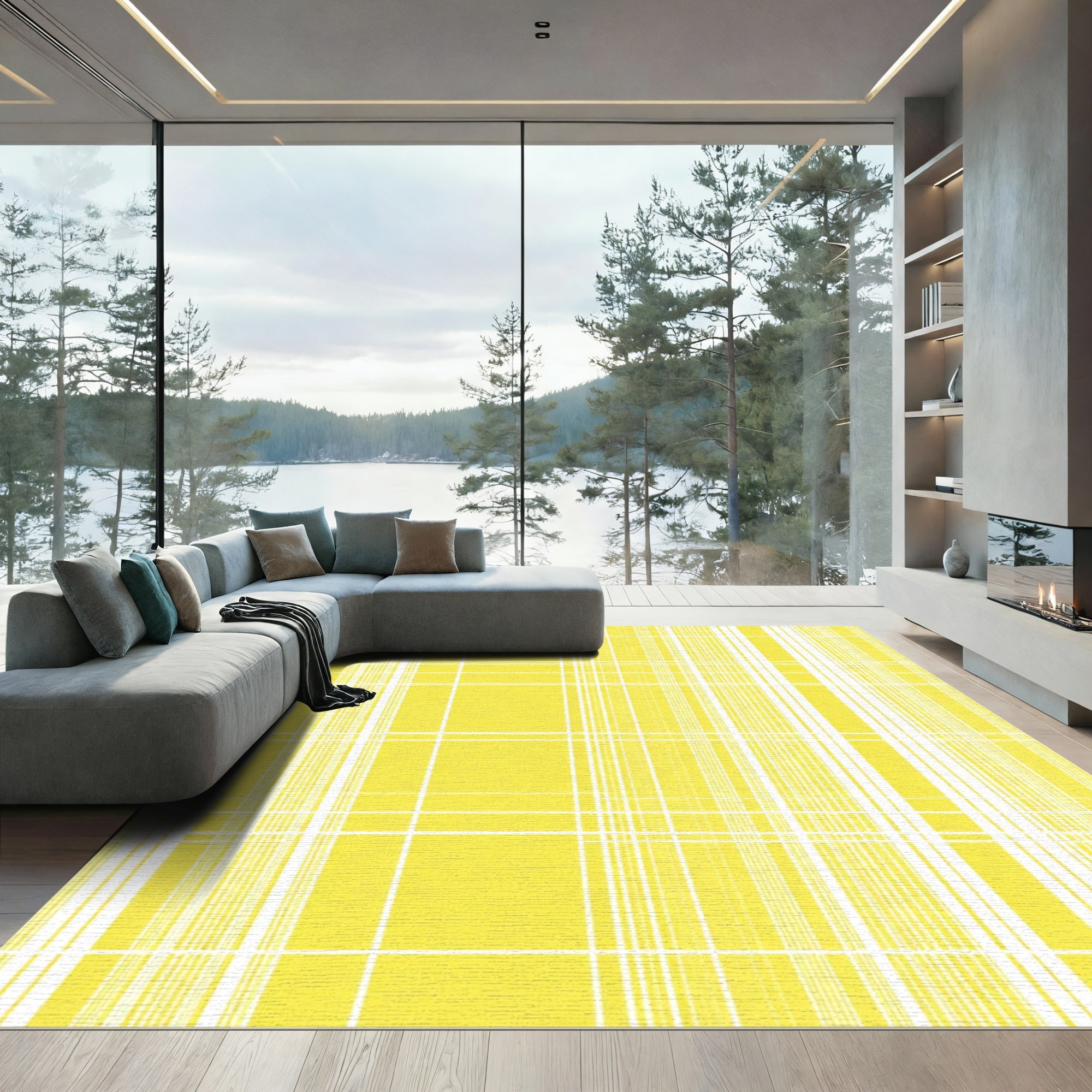 Yellow White Gridlines Tartan Rug