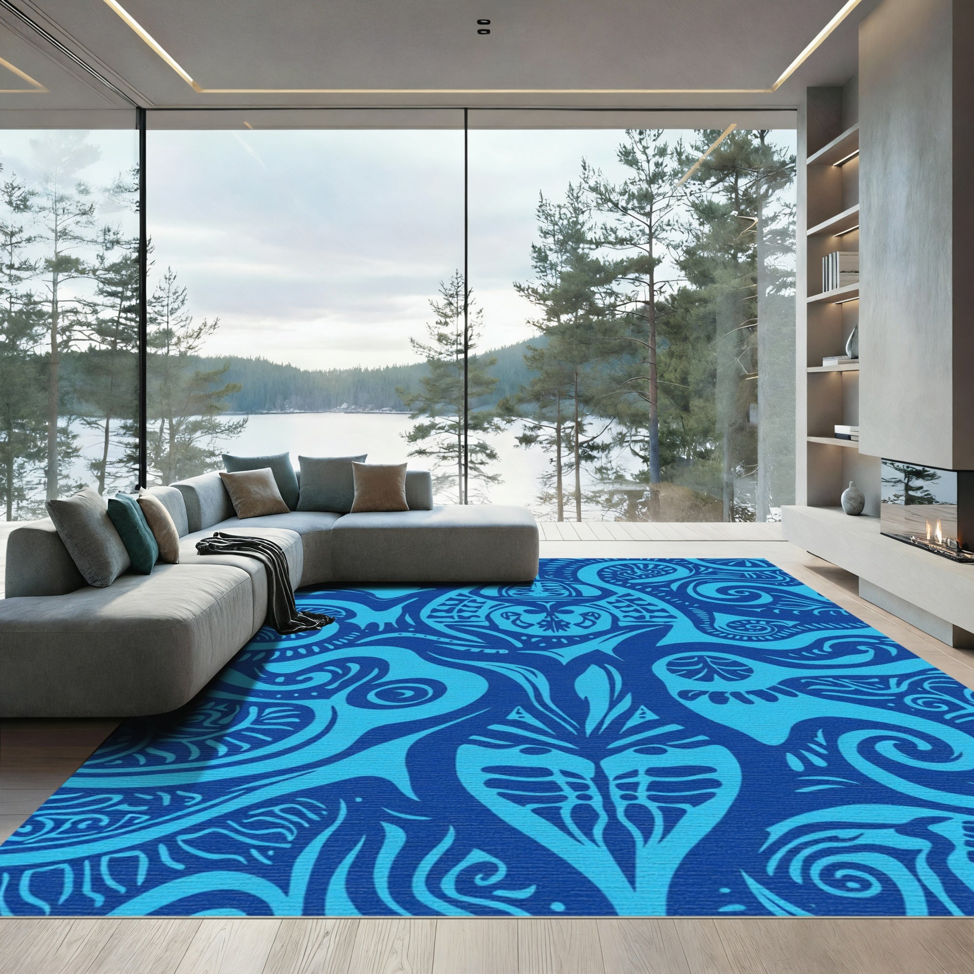 Deep Blue Tribal Tattoo Swirls Rug