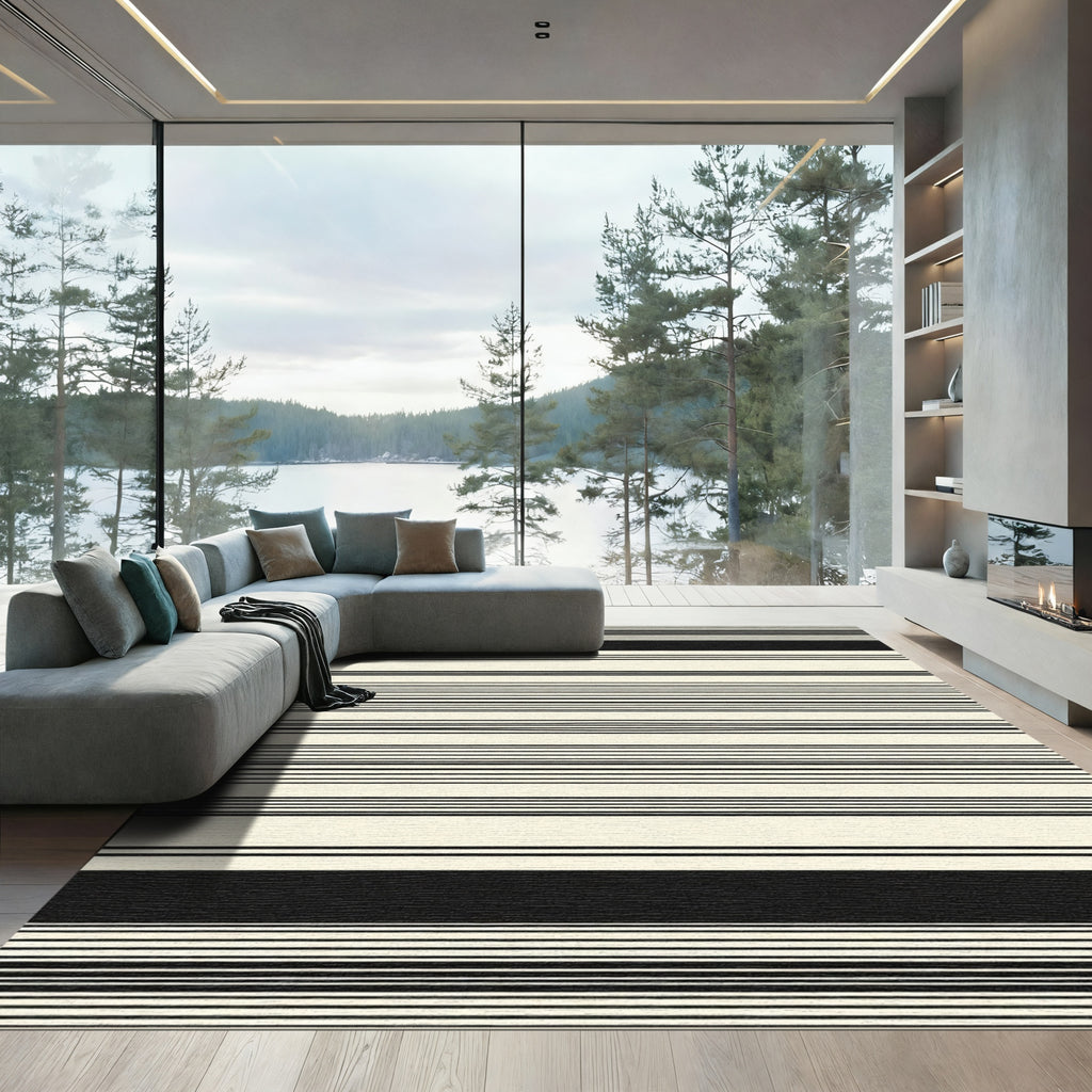 Modern Black Cream Stripe Rug