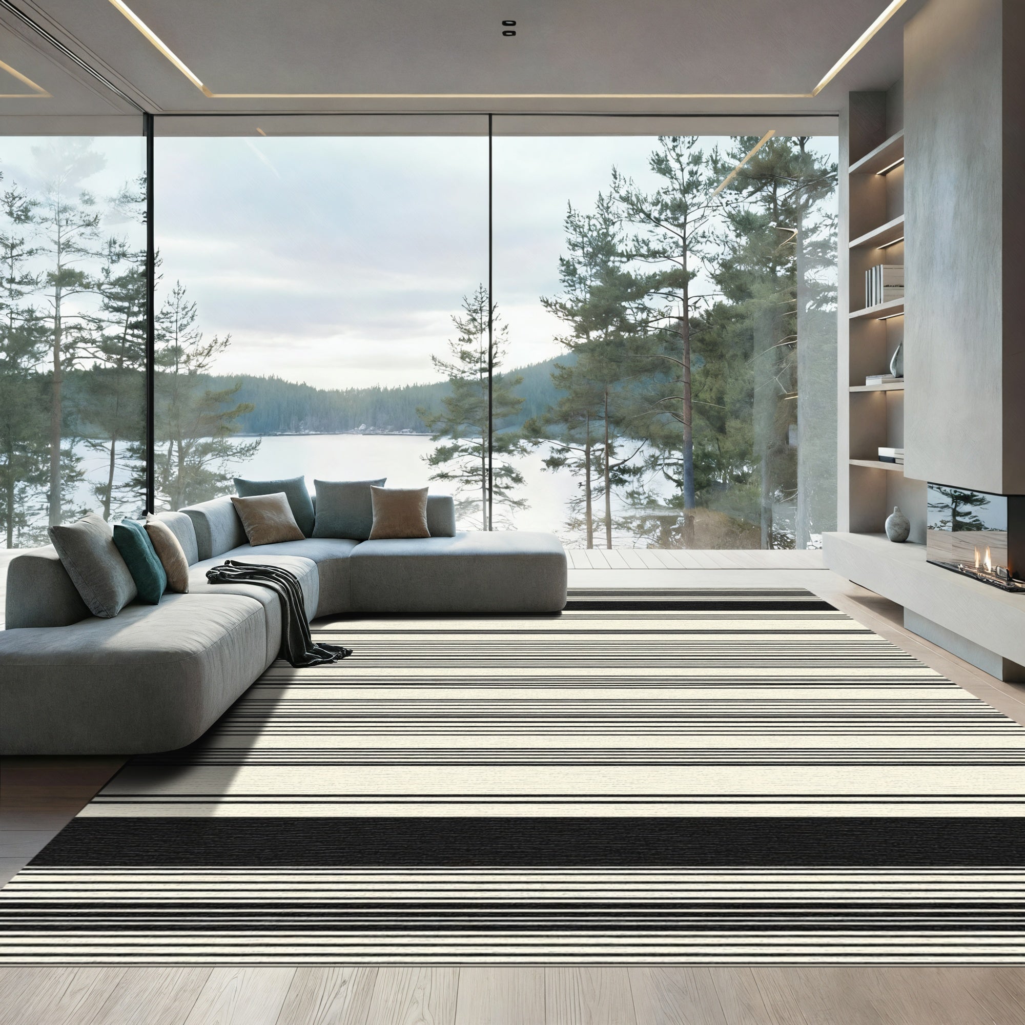 Modern Black Cream Stripe Rug