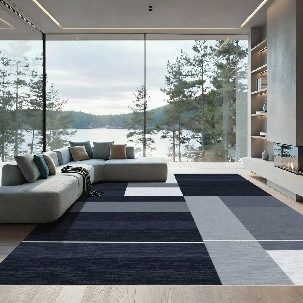 Minimalist Navy Blue Stripe Rectangles Rug
