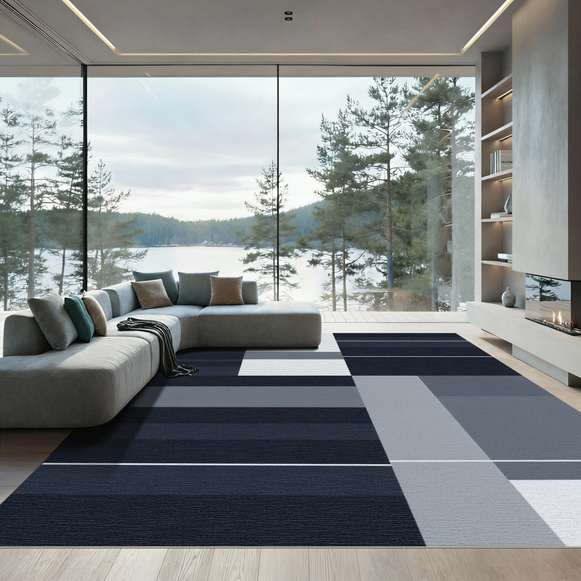 Minimalist Navy Blue Stripe Rectangles Rug