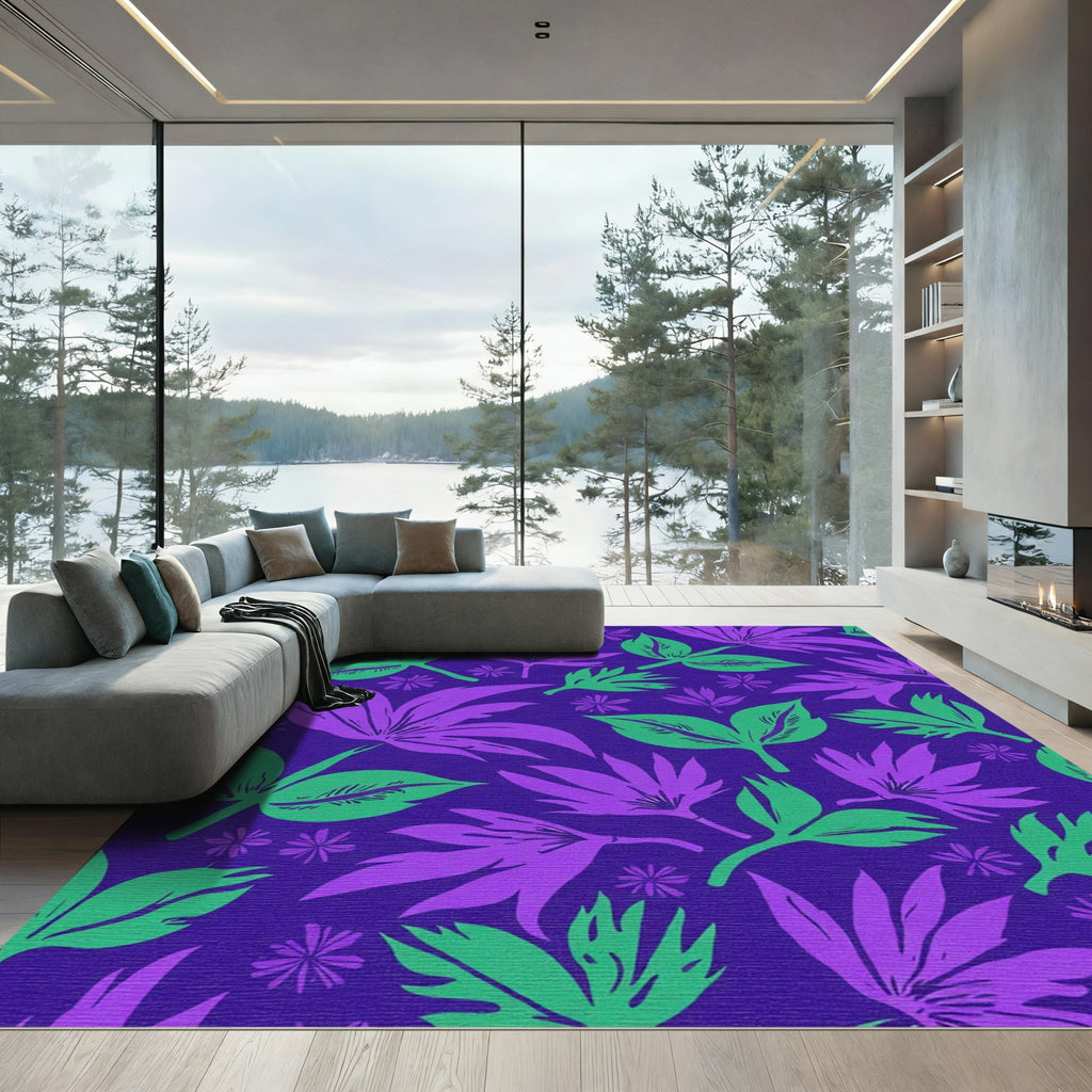 Tropical Leaves Violet Green Rug