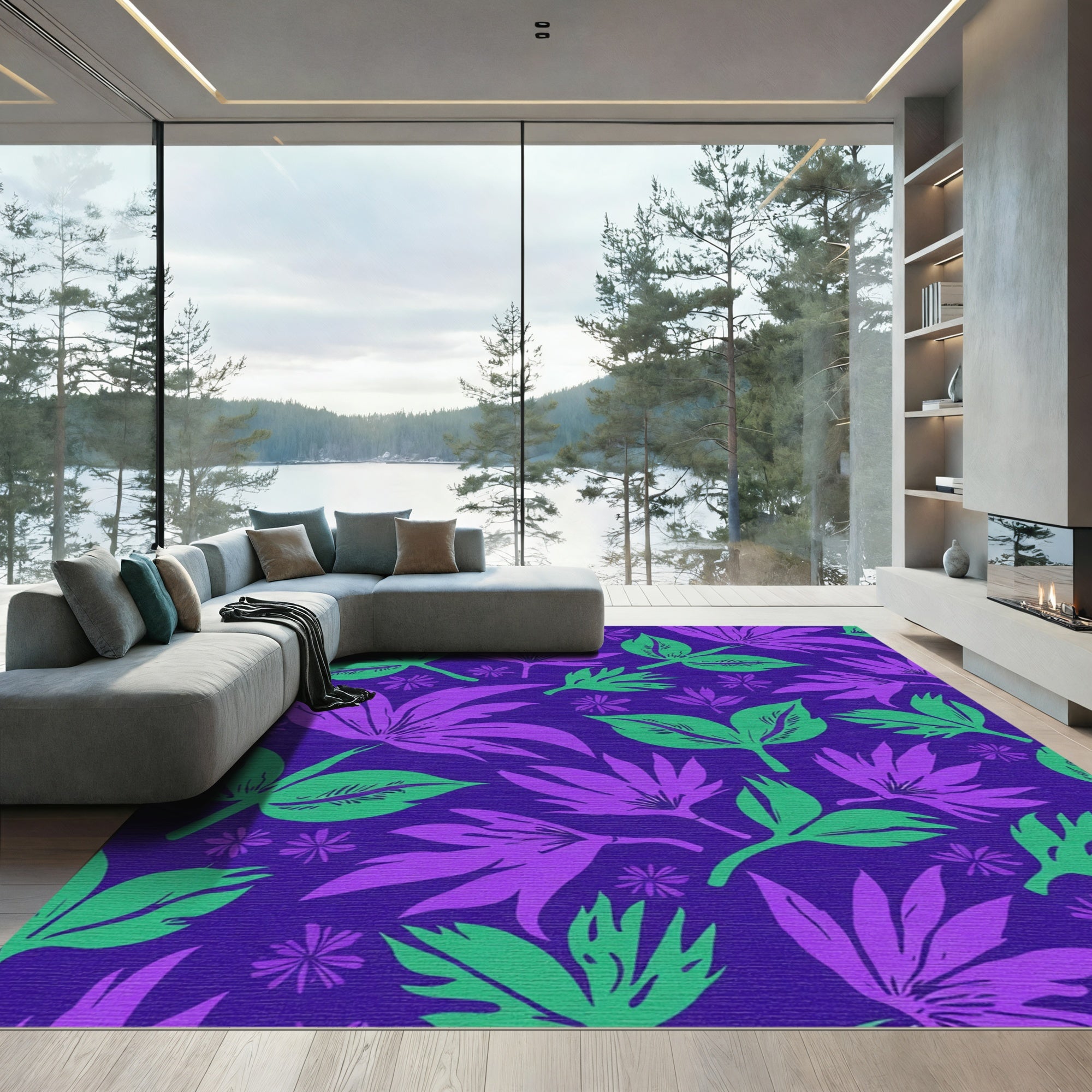 Tropical Leaves Violet Green Rug