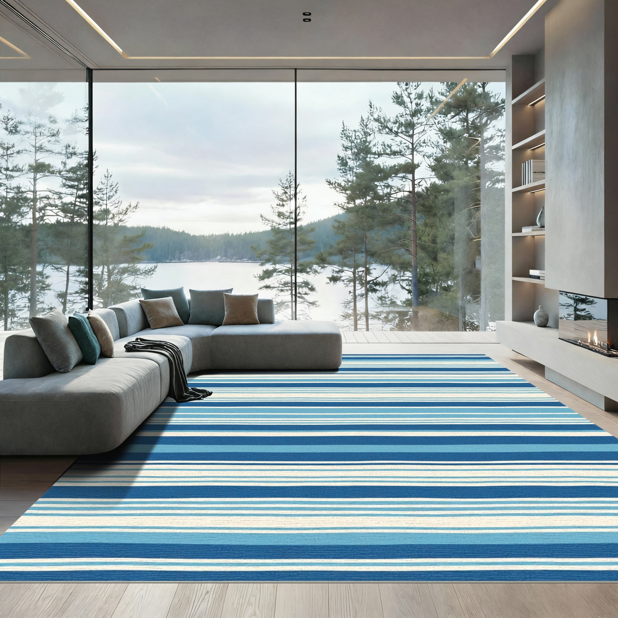 Coastal Blue White Stripe Rug
