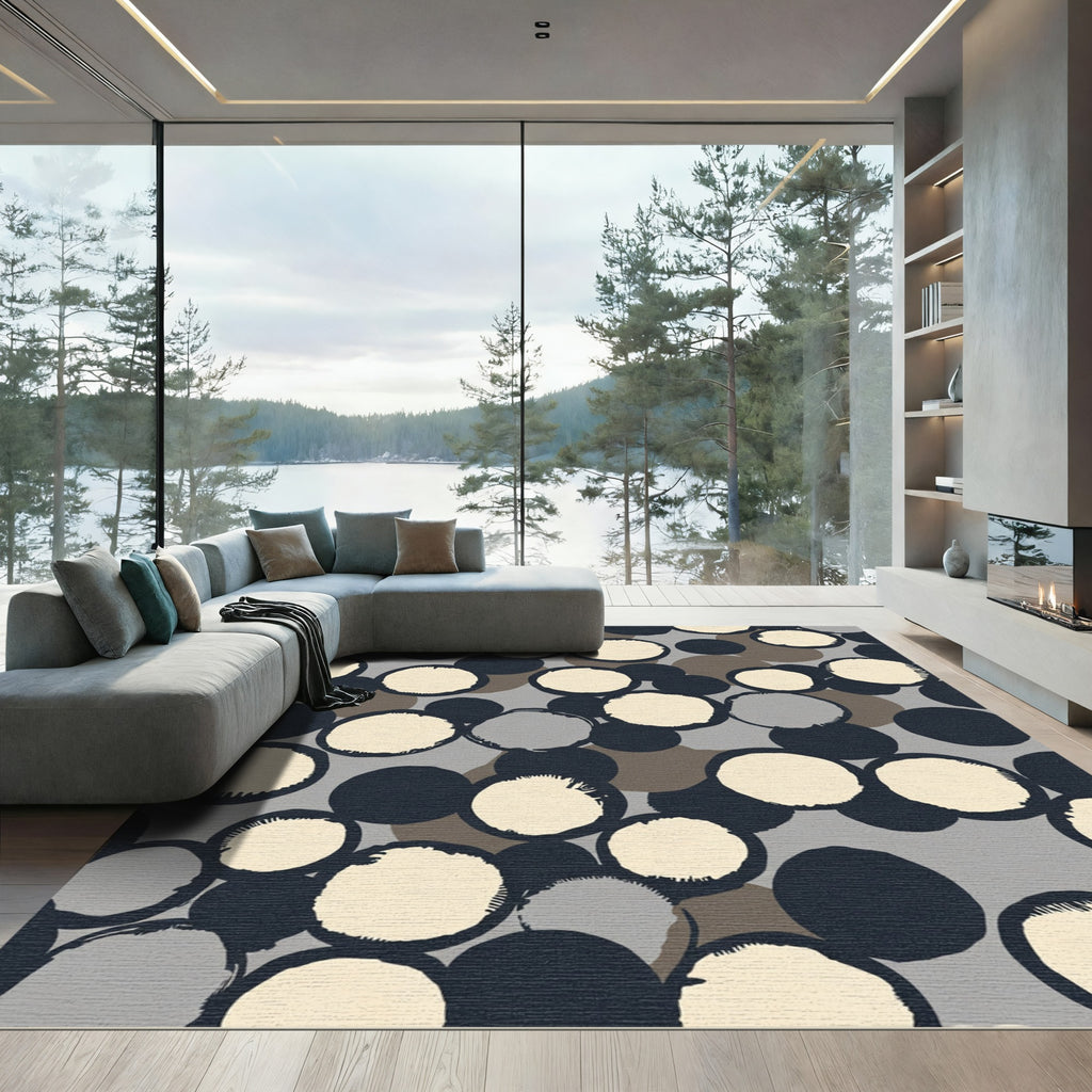 Abstract Circles Collage Gray Cream Rug