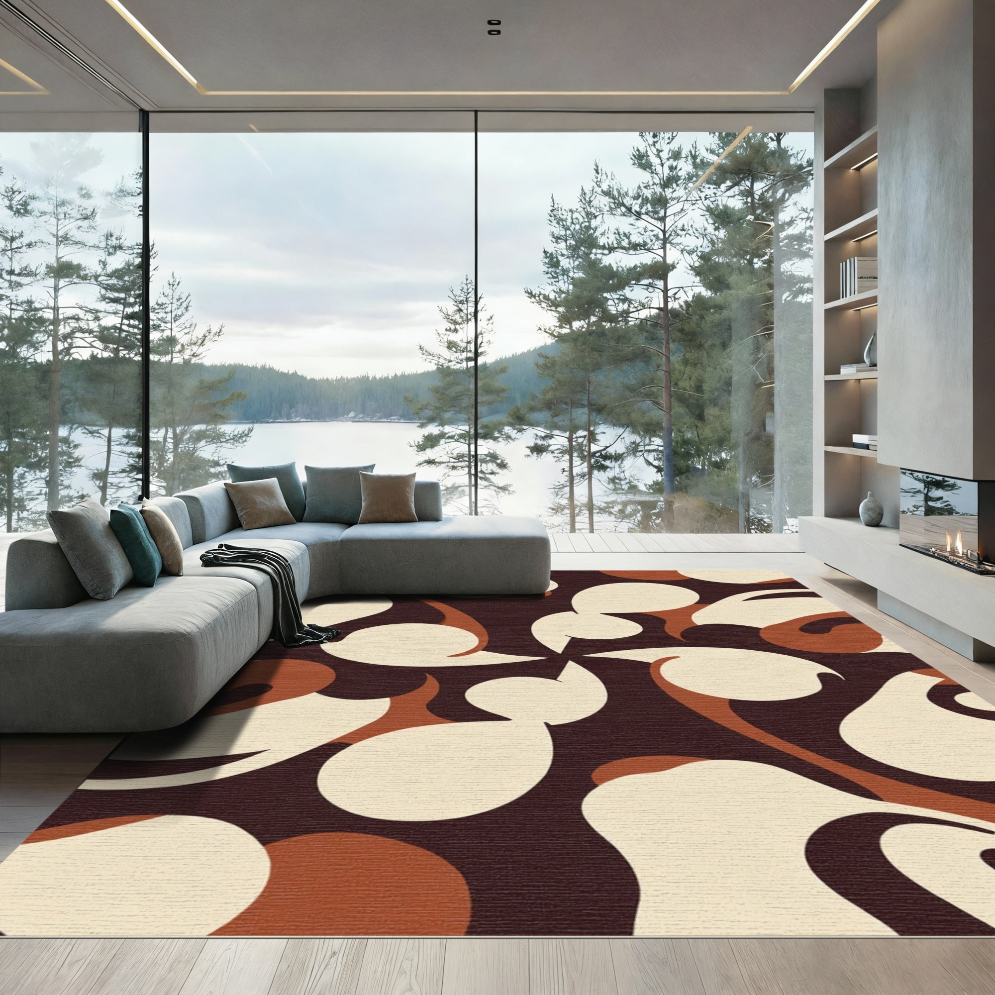 Retro Cream Brown Swirl Shapes Rug