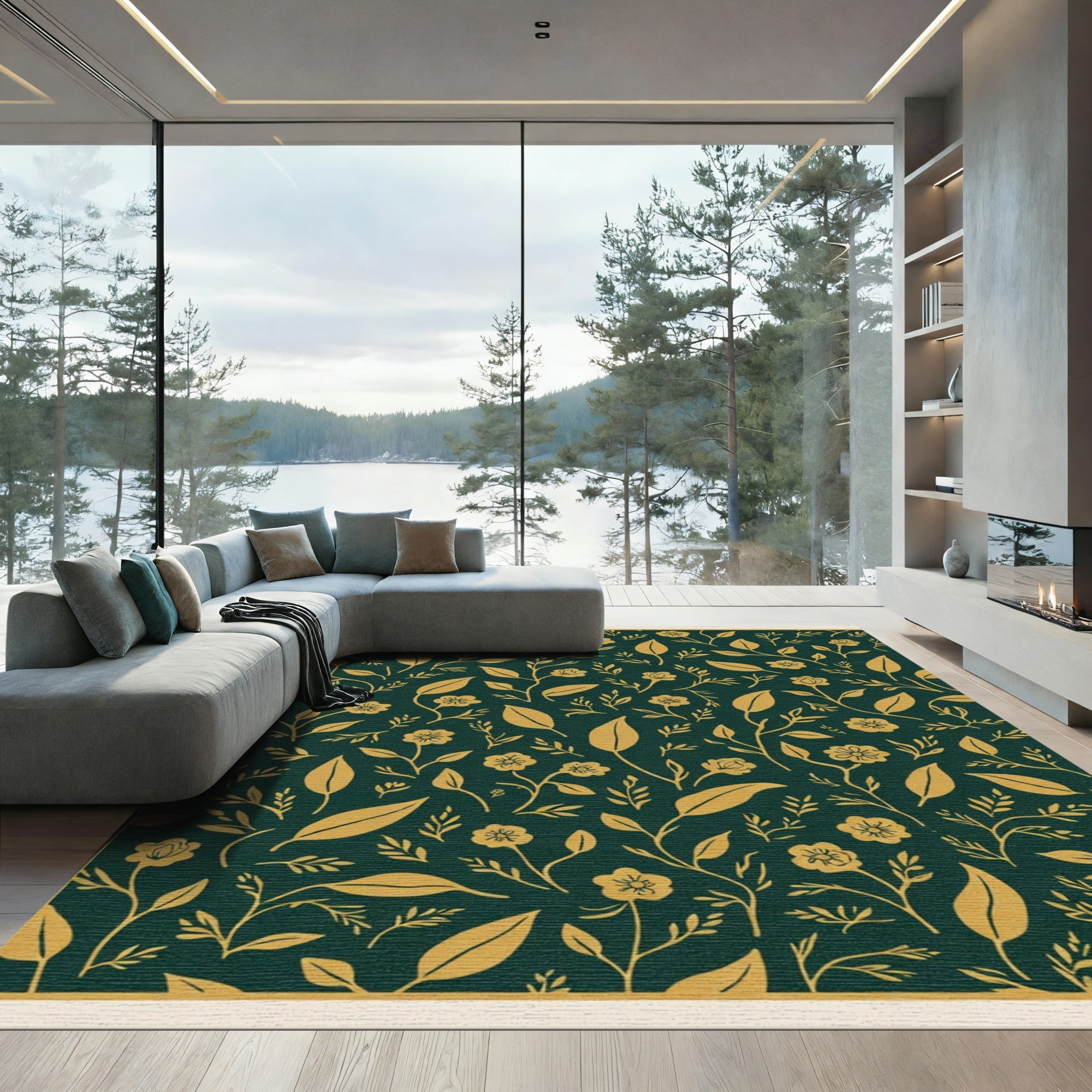 Dark Green Golden Floral Botanical Vine Rug