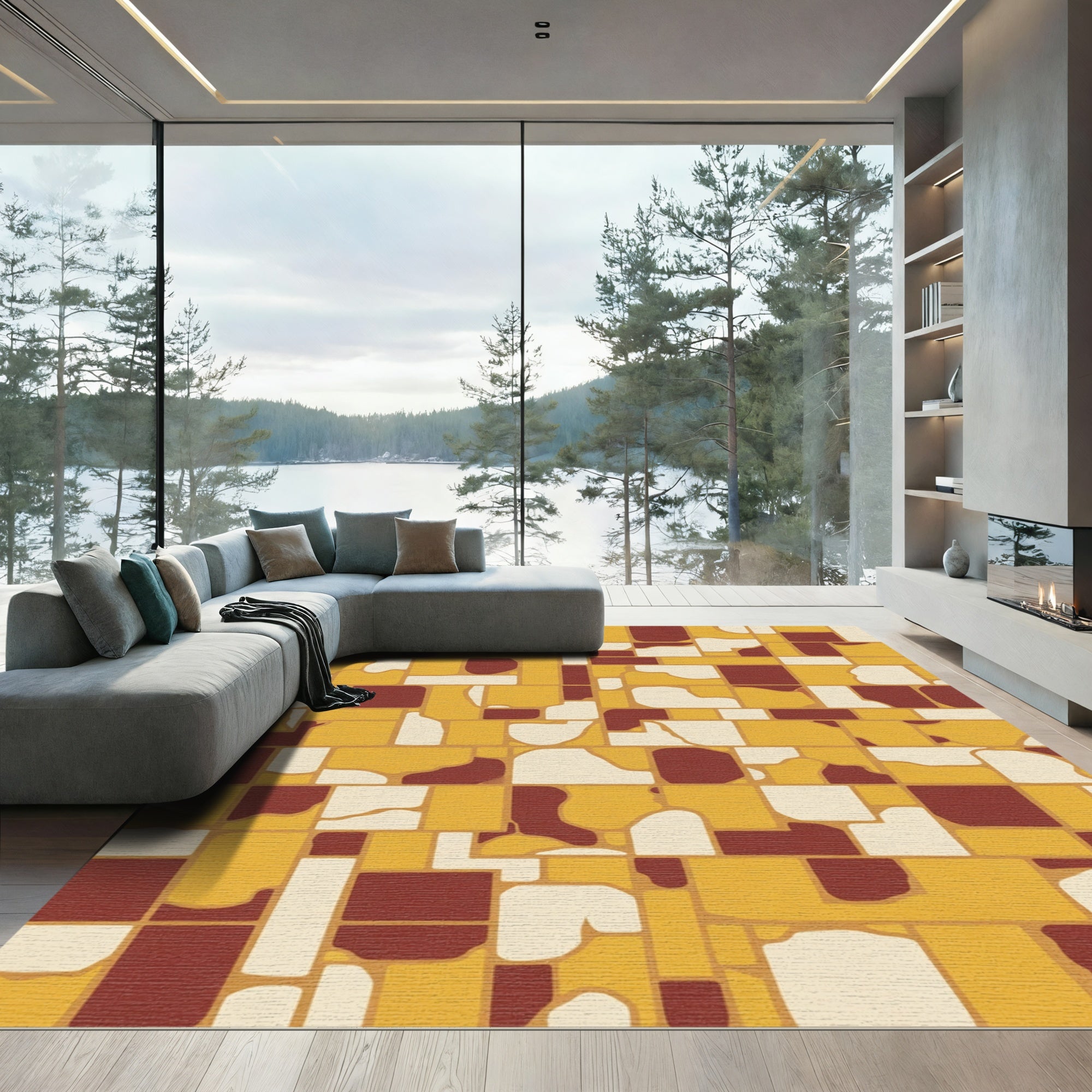 Terracotta Ochre Abstract Geometric Tiles Rug