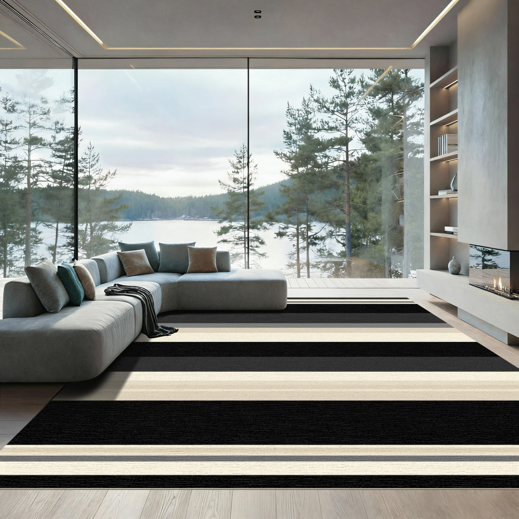Modern Black Beige Stripe Rug