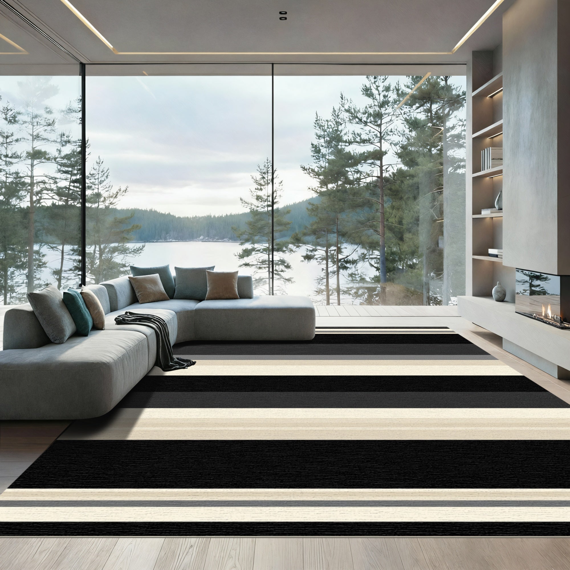 Modern Black Beige Stripe Rug