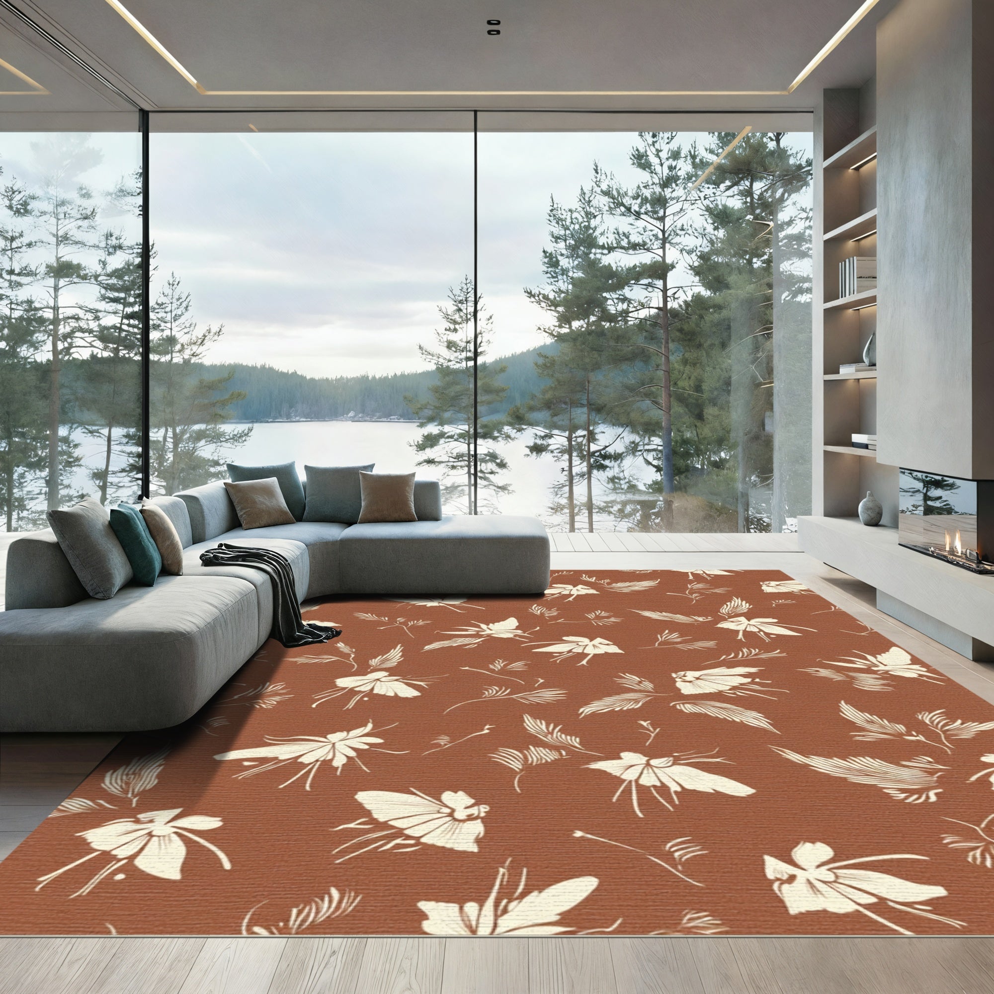 Terracotta Cream Floral Winged Motif Rug