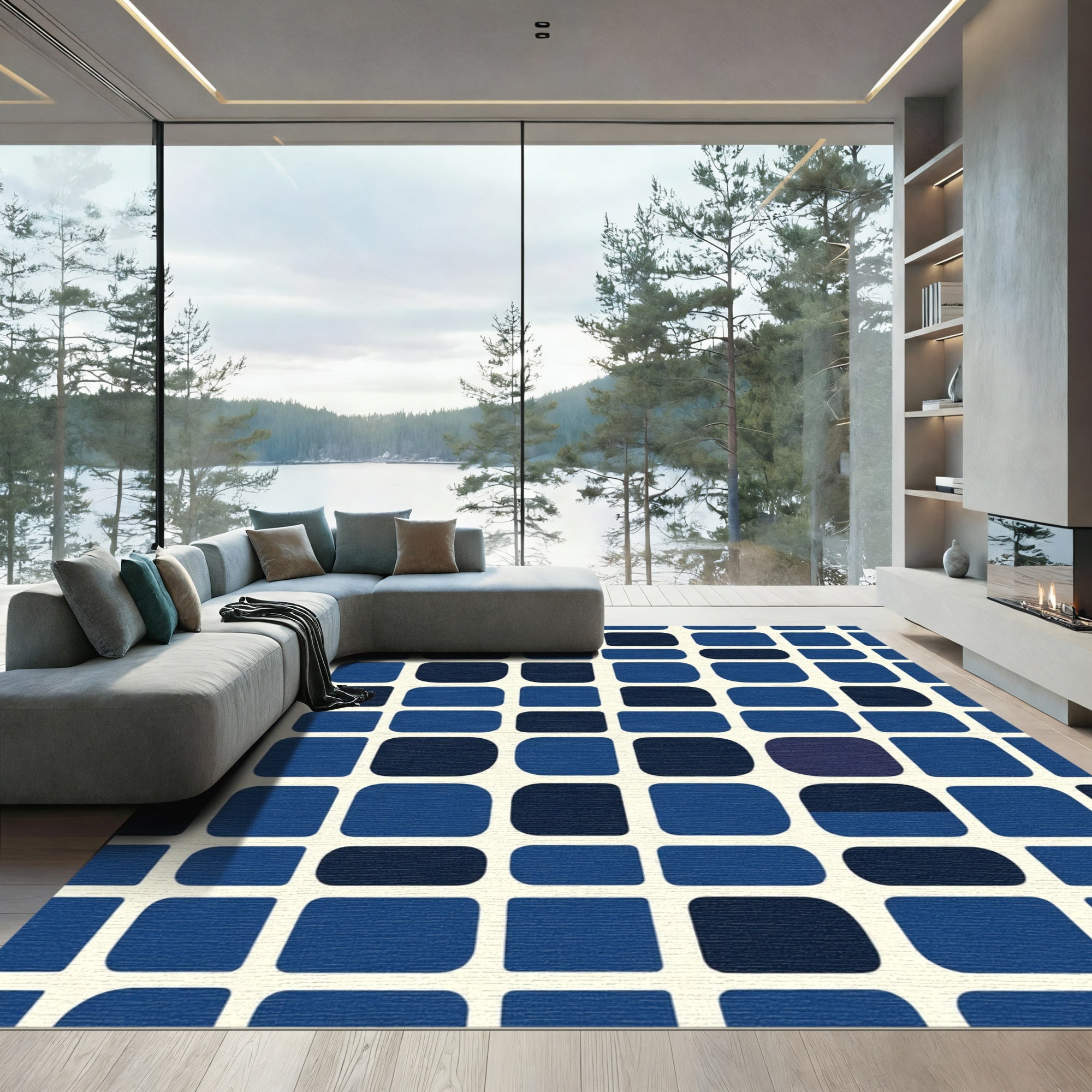 Modern Blue Rounded Squares Rug