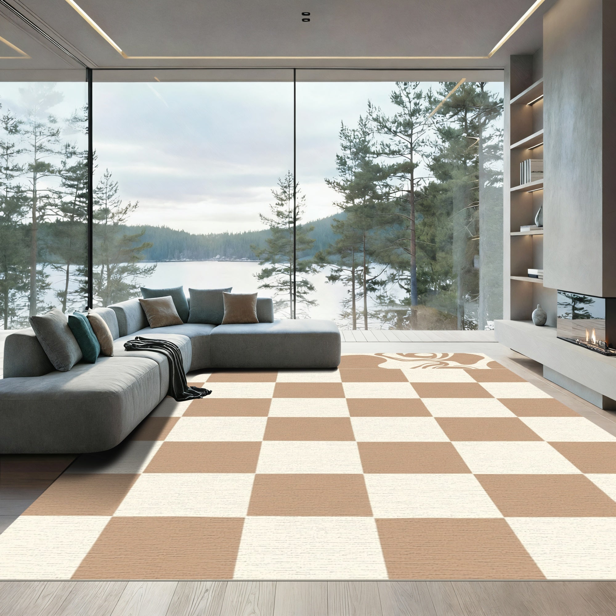 Brown Cream Checkerboard Swirl Rug