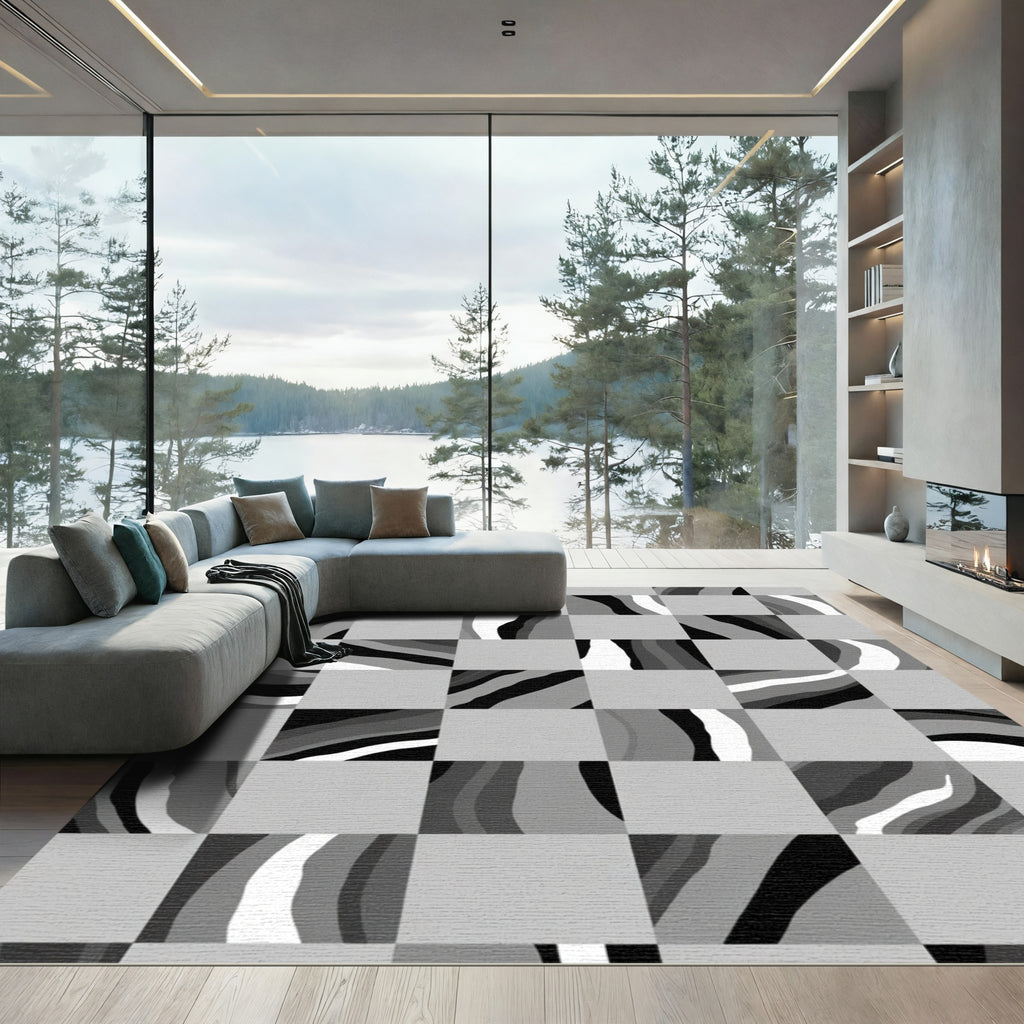 Monochromatic Abstract Checkered Flow Rug