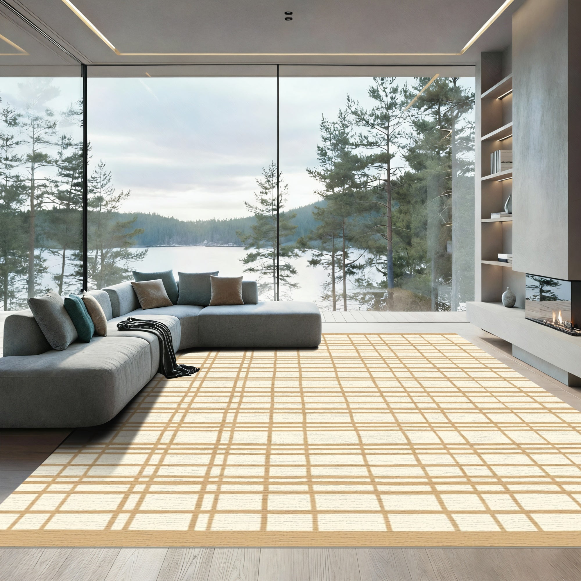 Hand Drawn Beige Plaid Rug
