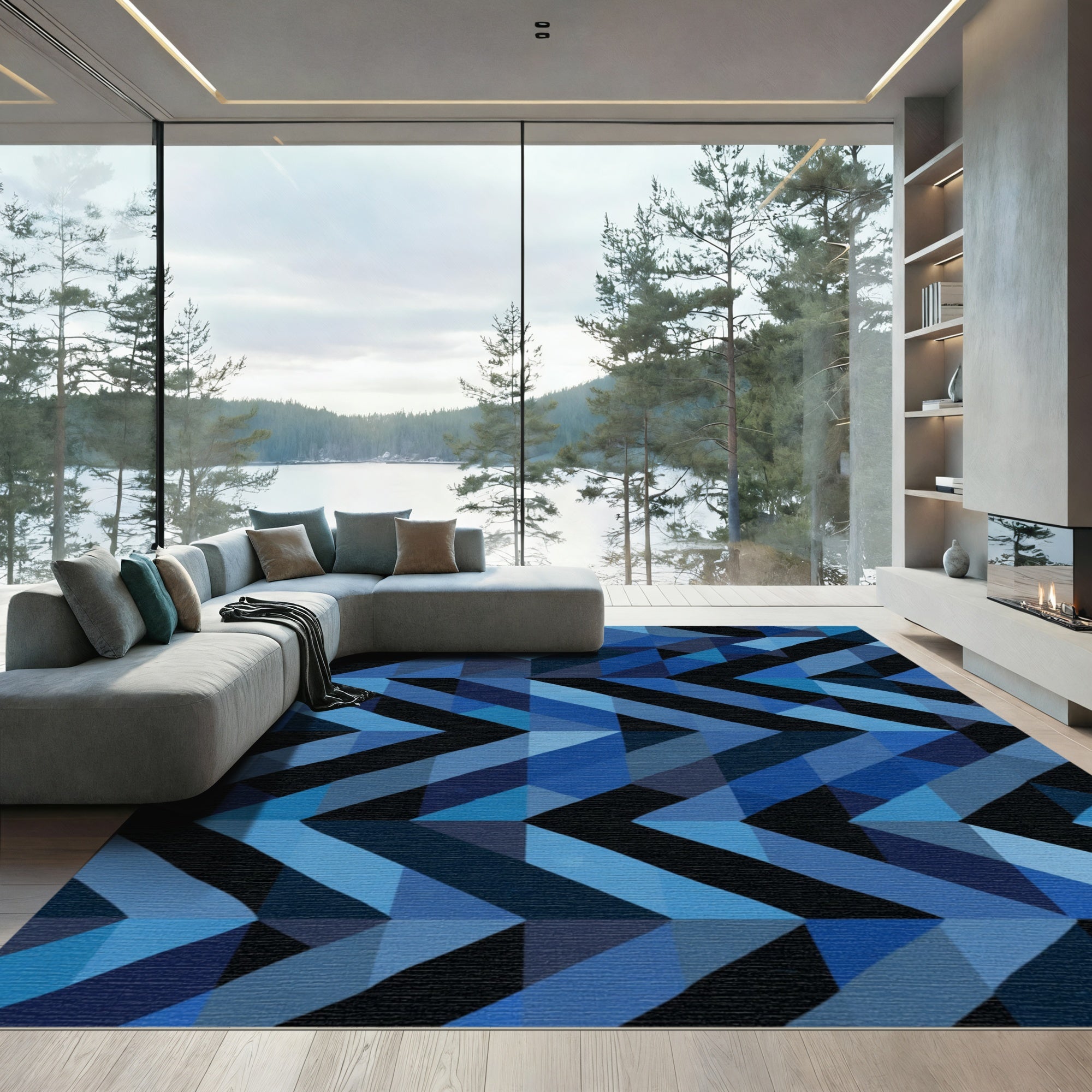 Deep Blue Geometric Chevron Rug