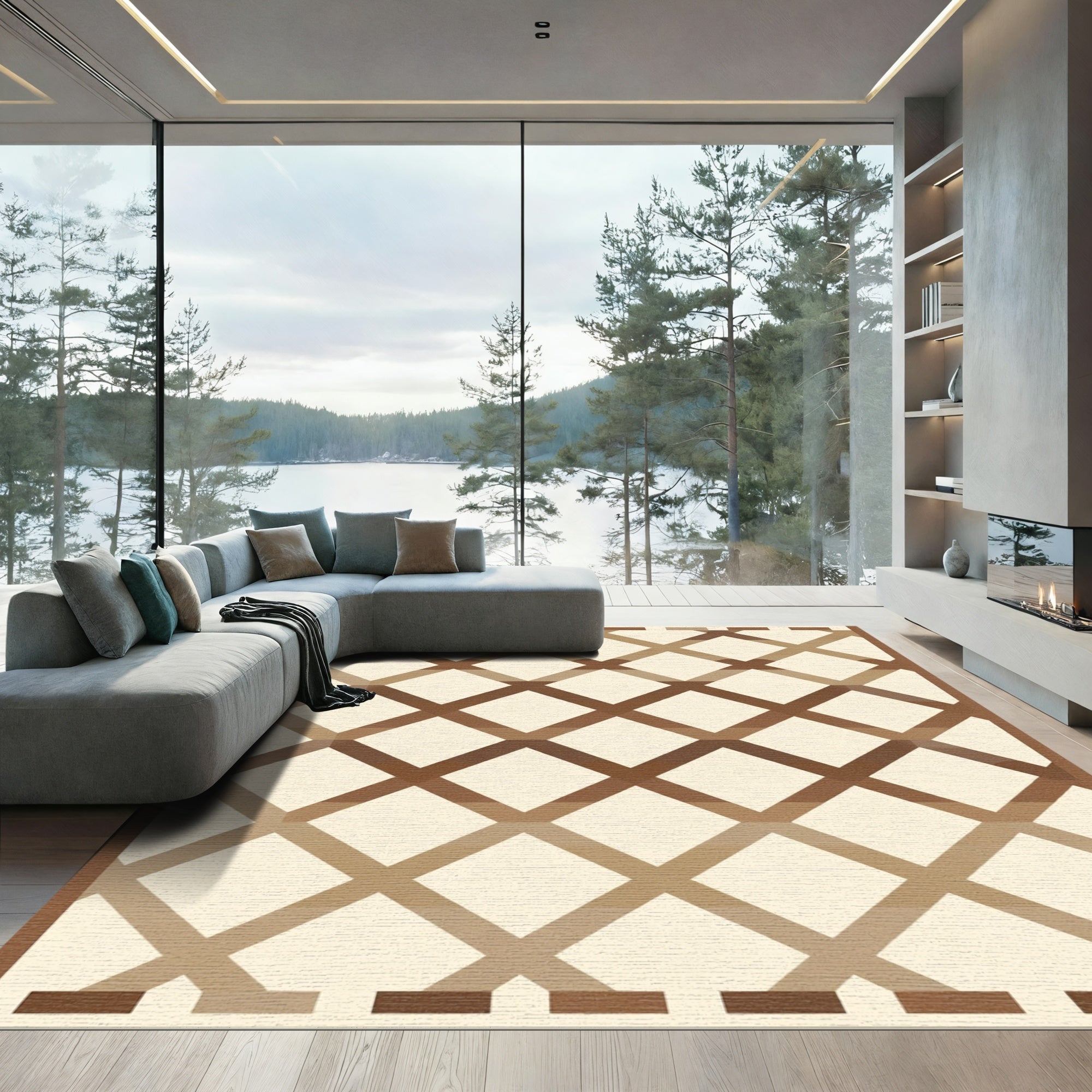 Brown Lattice Geometric Cream Rug