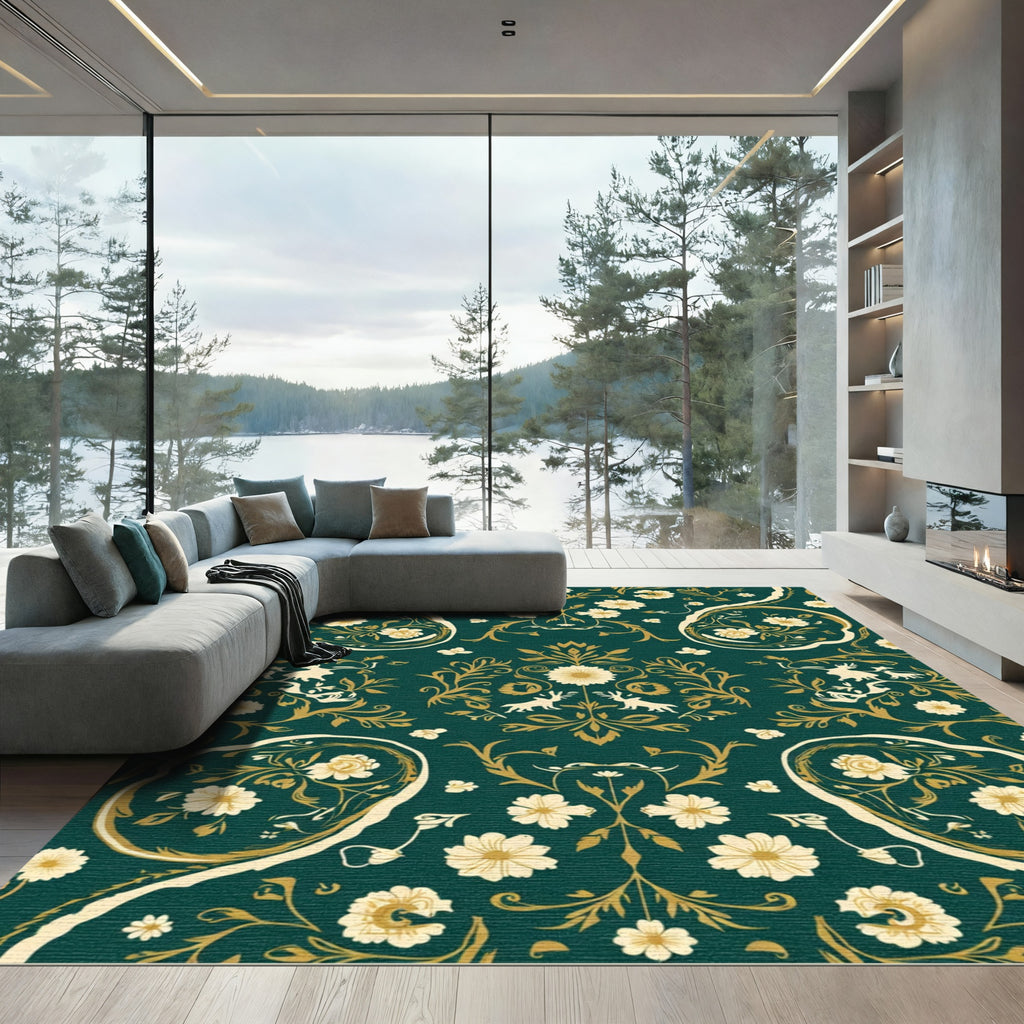Dark Teal Floral Scroll Animal Rug