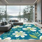 White Bloom Green Leaf Teal Background Rug