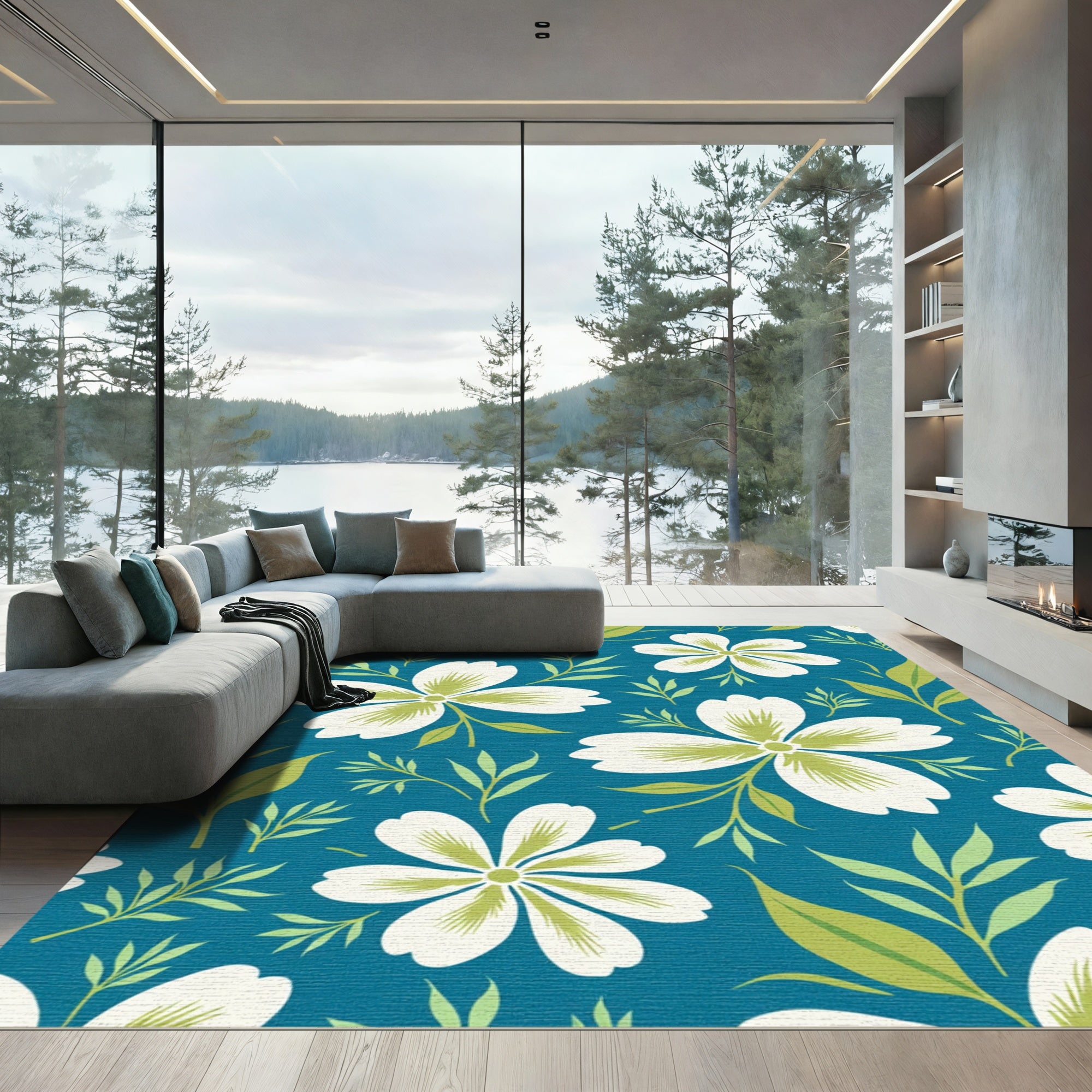 White Bloom Green Leaf Teal Background Rug