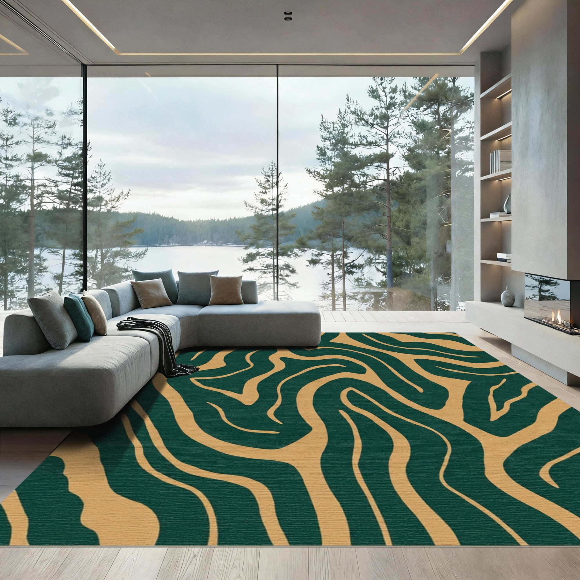 Forest Green Tan Swirl Abstract Rug