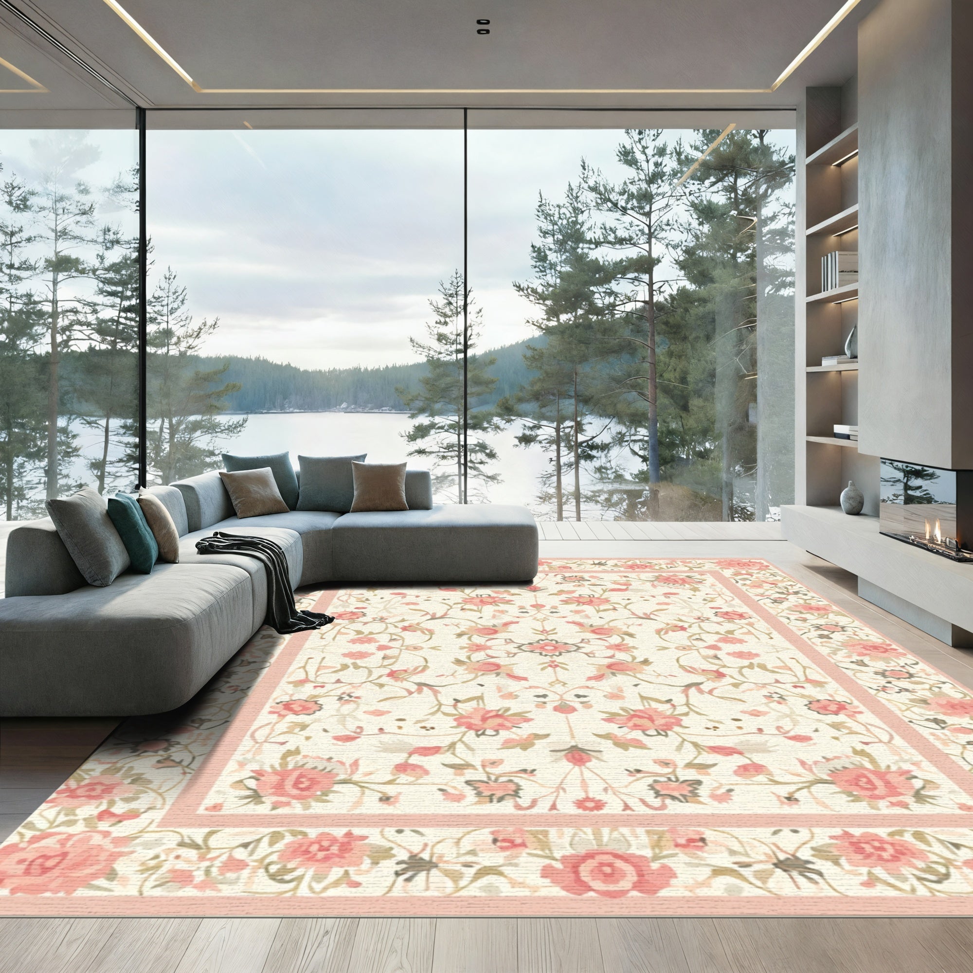 Soft Pink Climbing Floral Border Rug