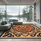 Bold Orange Lion Tribal Frame Rug