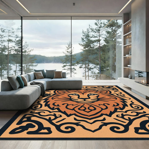 Bold Orange Lion Tribal Frame Rug