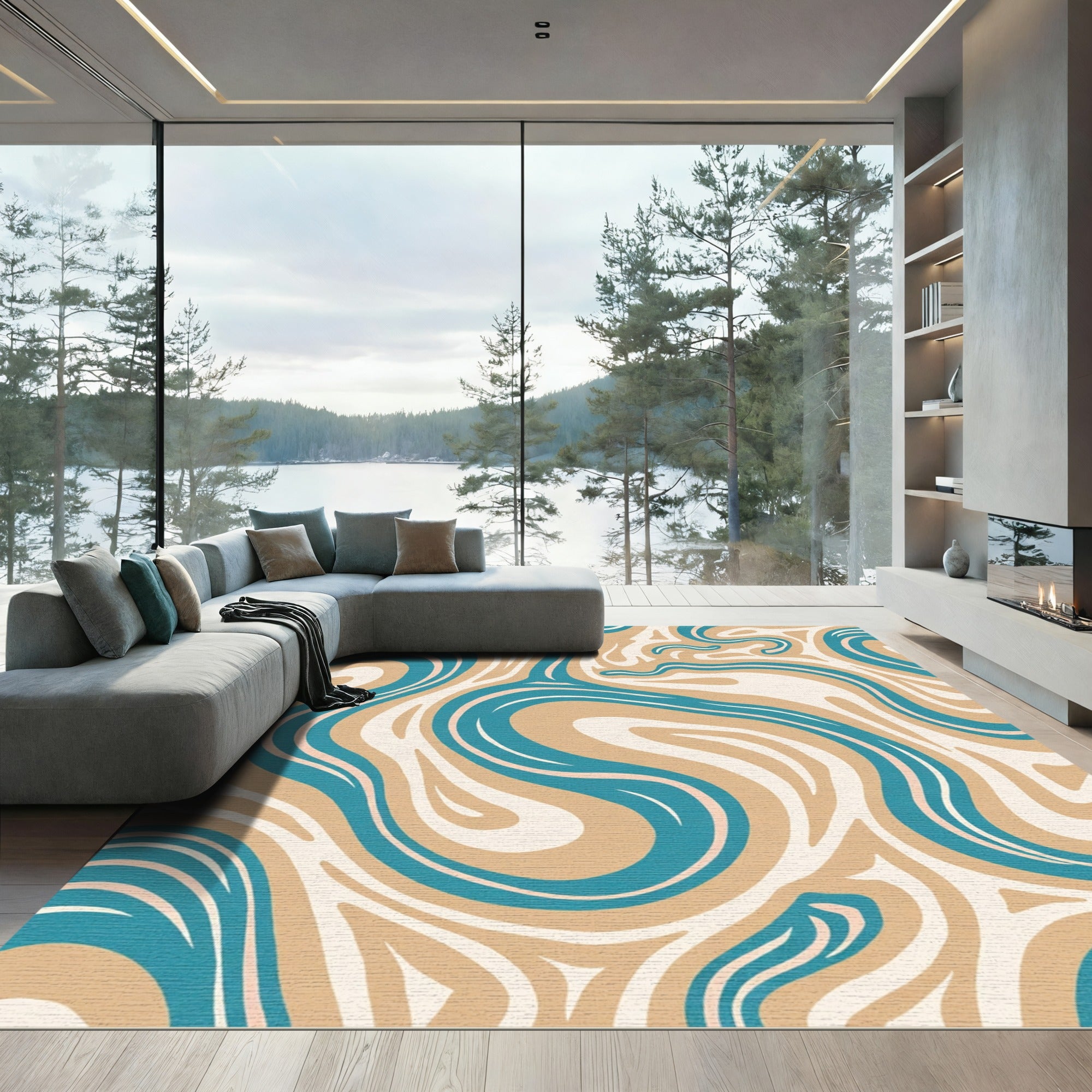 Retro Aqua Tan Swirl Rug