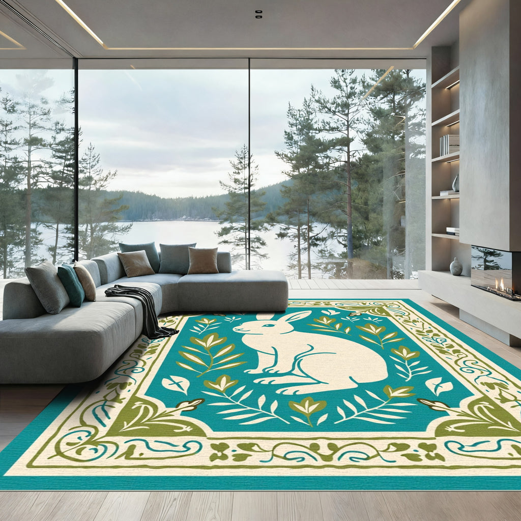 Cream Rabbit Teal Botanical Border Rug