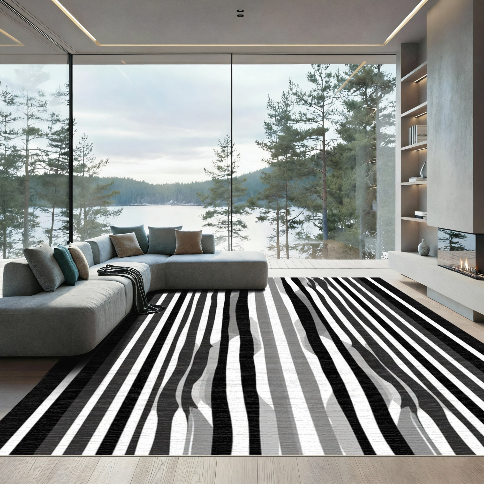 Bold Black White Streaked Abstraction Rug