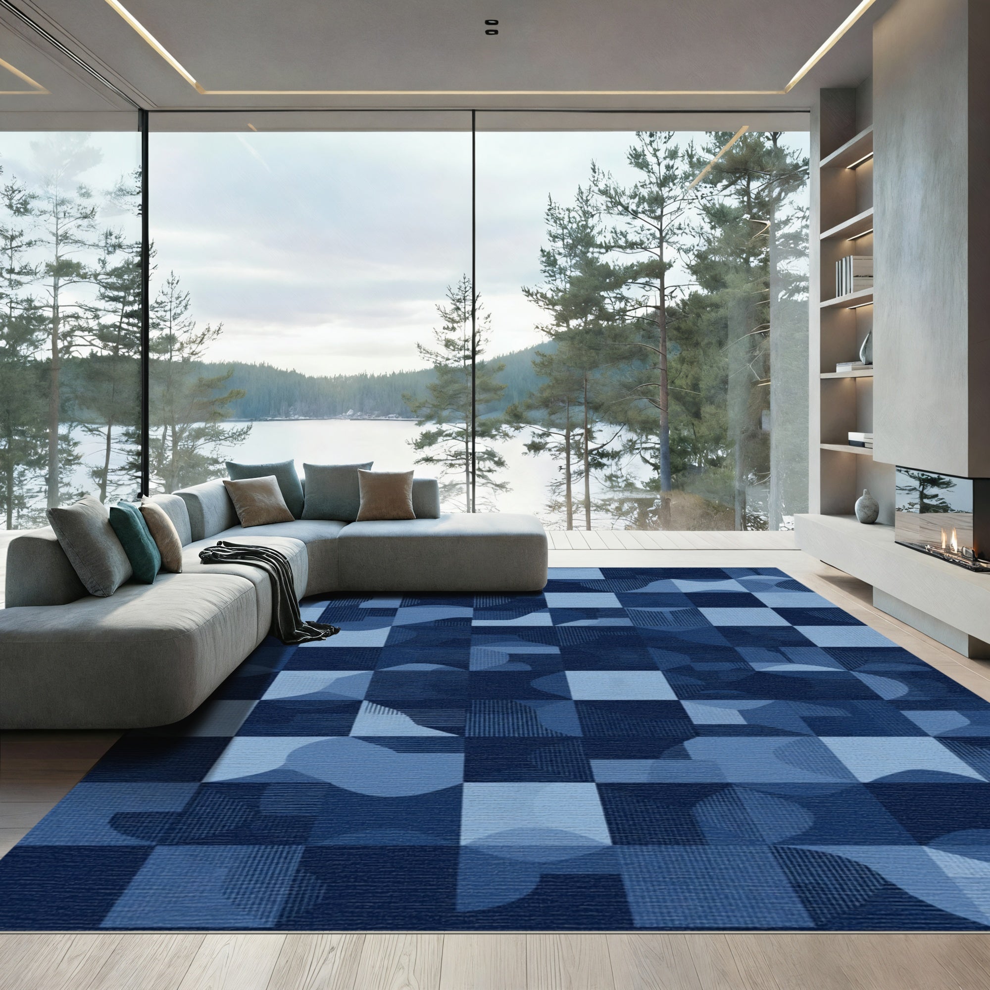 Shades of Blue Geometric Abstract Tiles Rug
