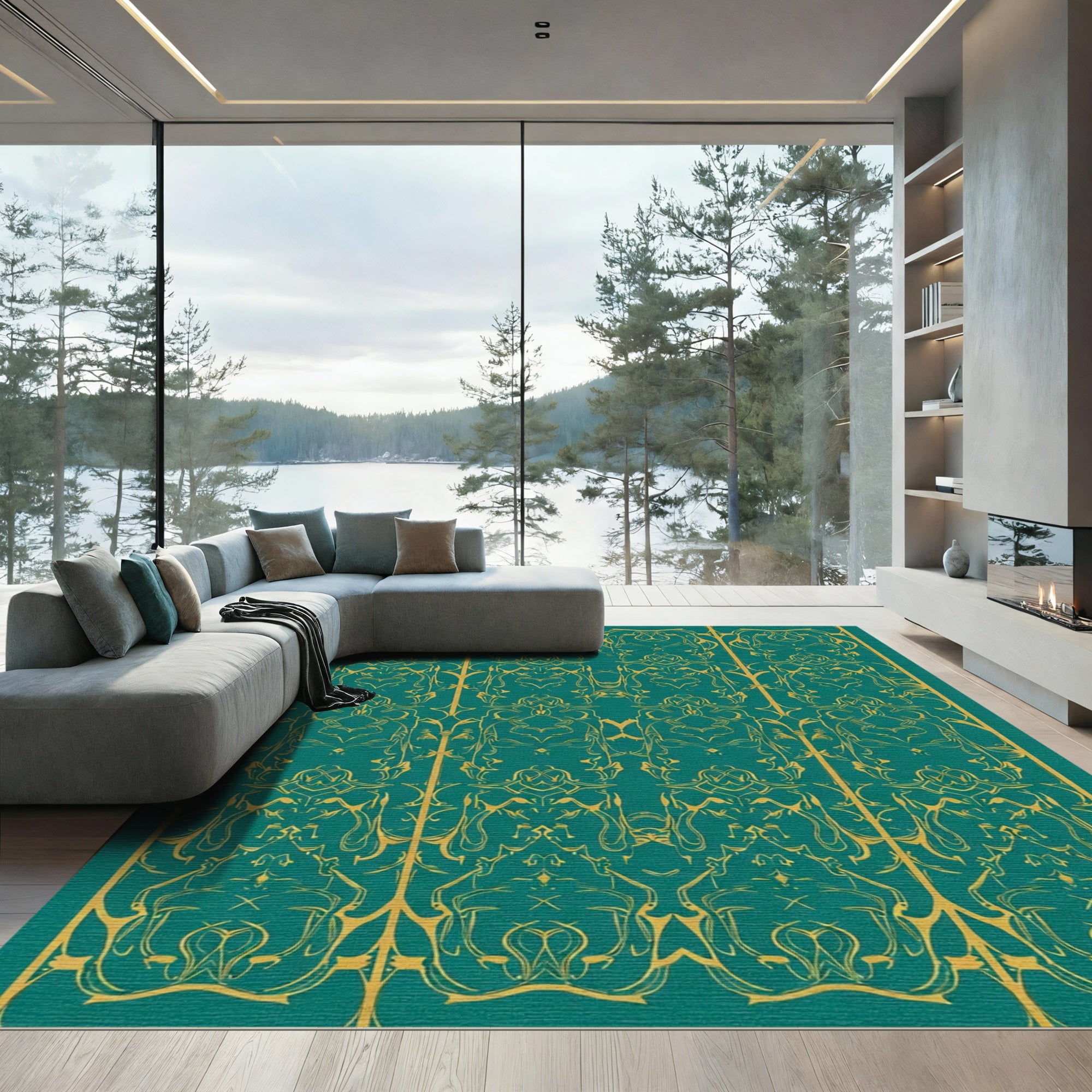 Emerald Gold Nouveau Scroll Rug