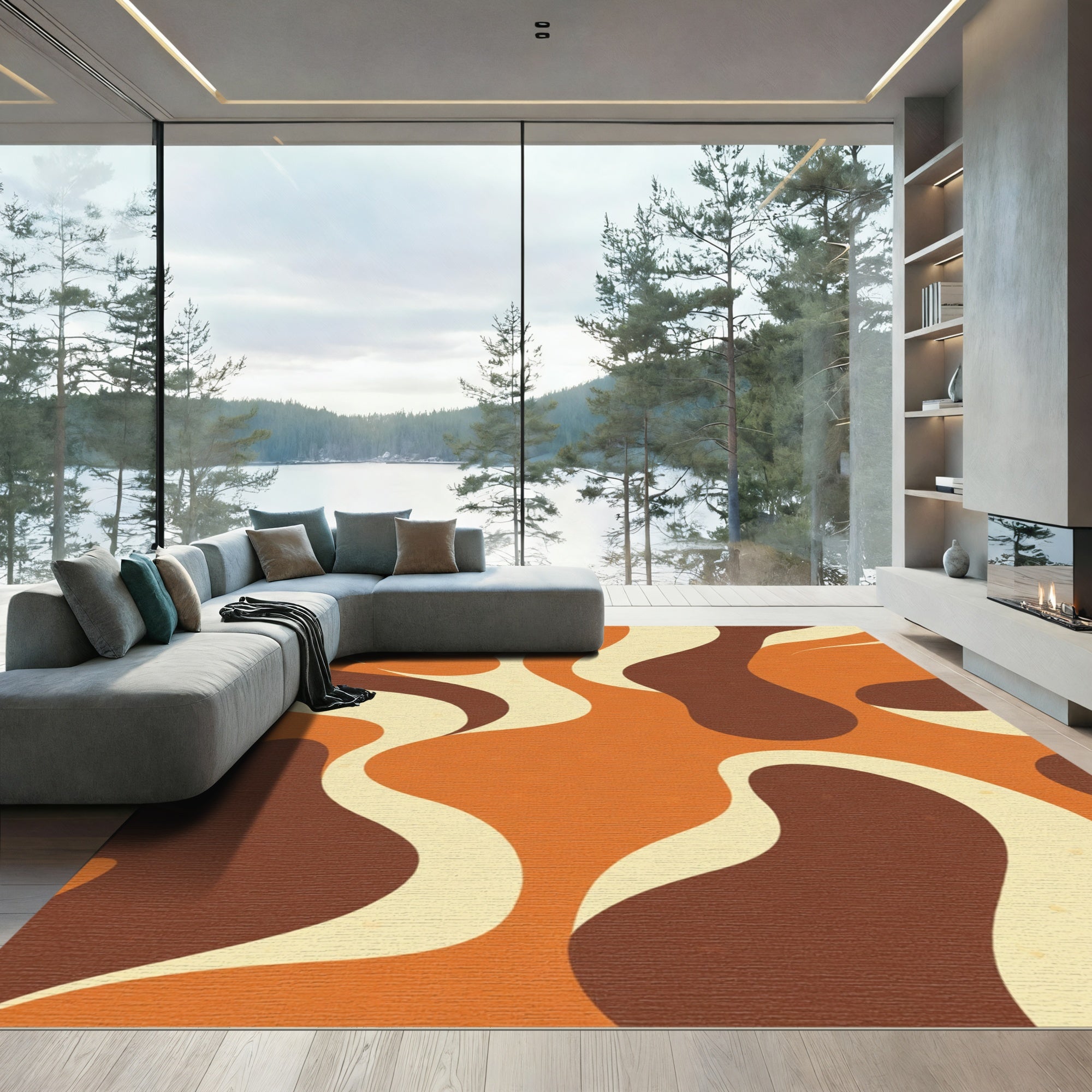 Retro Orange Brown Abstract Waves Rug