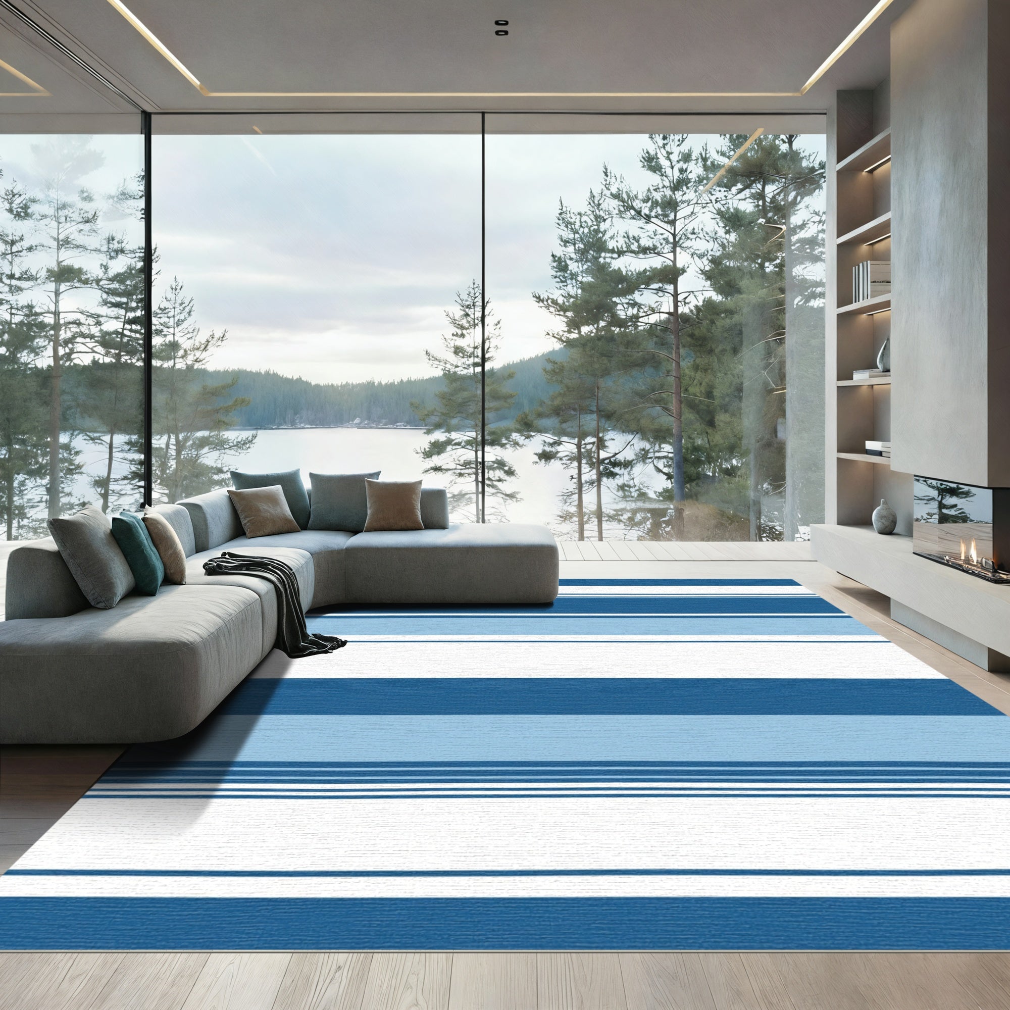 Classic Blue White Striped Area Rug