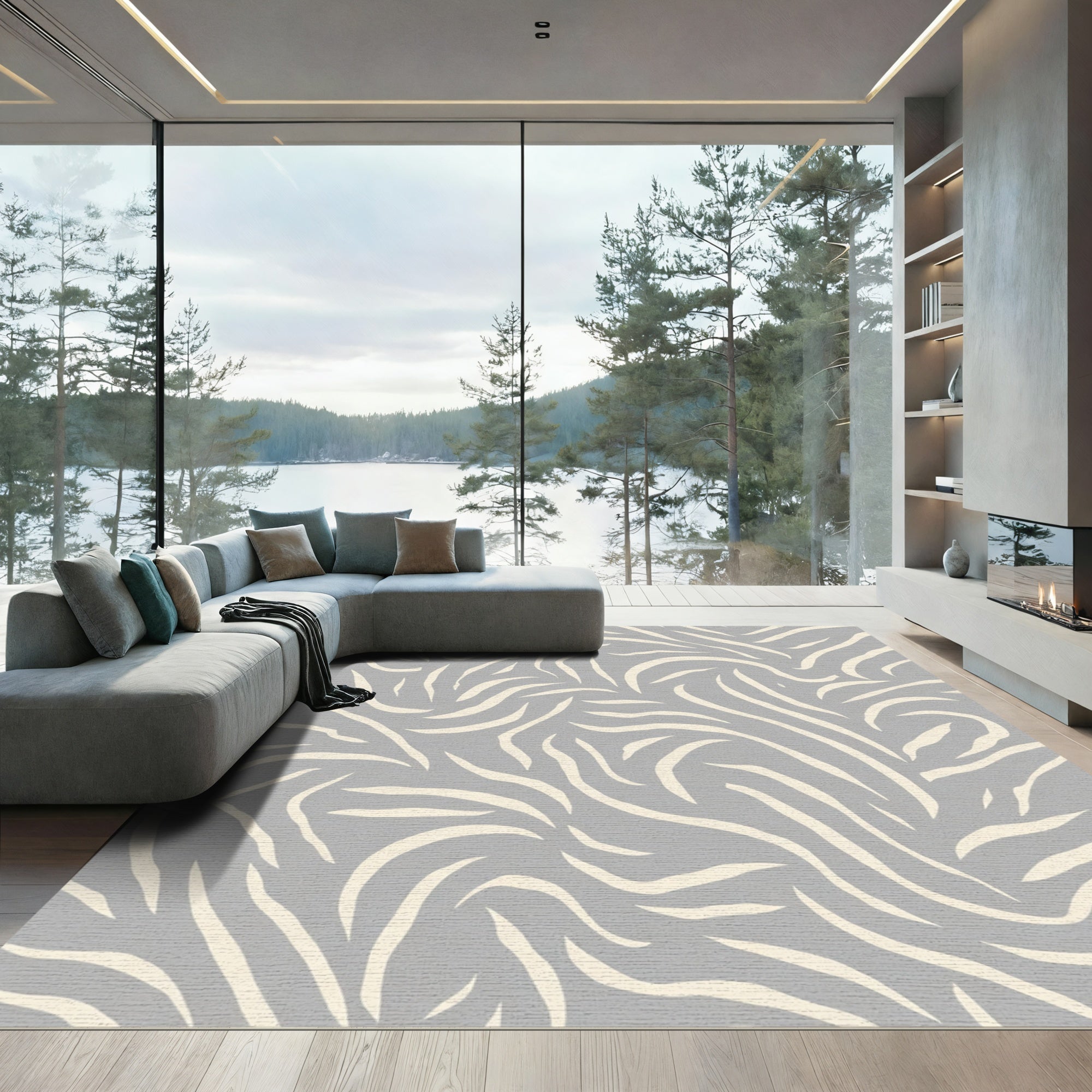 Gray and Cream Abstract Swirl Rug