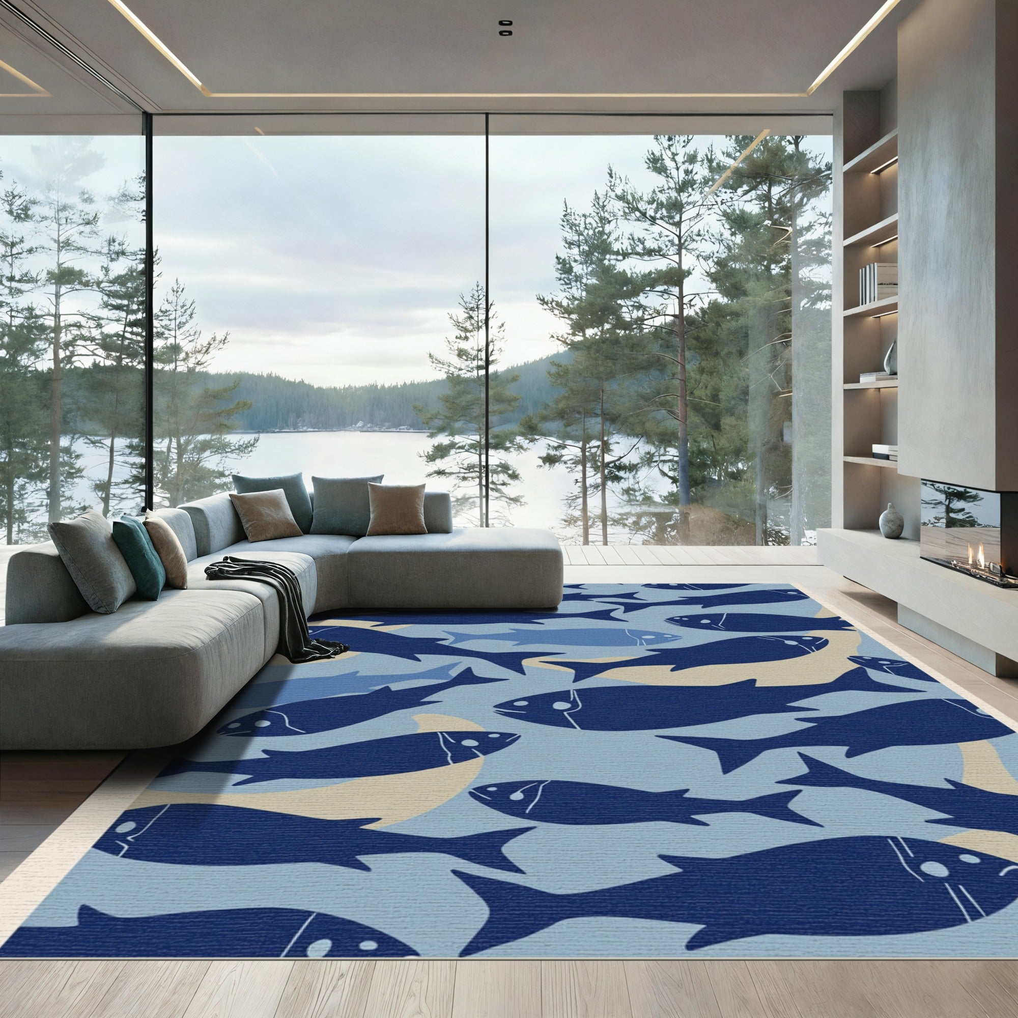 Deep Blue School Fish Arrangement Rug