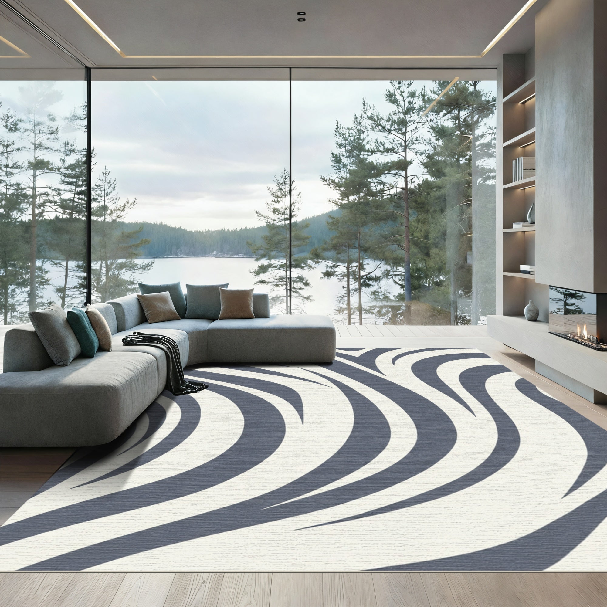 Gray White Swirl Abstract Stripe Rug