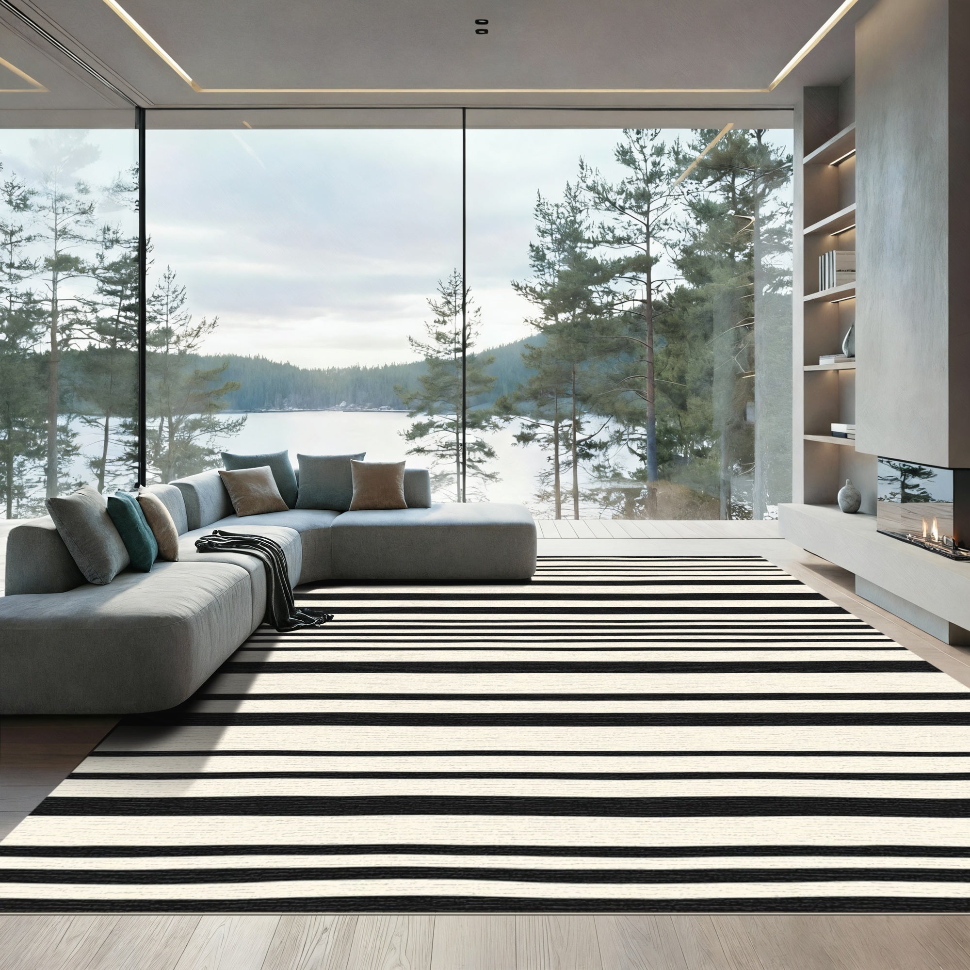Modern Black Cream Horizontal Stripe Rug
