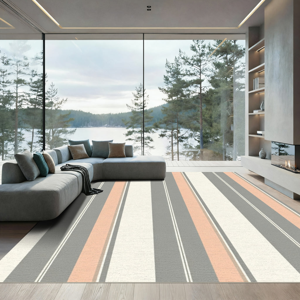 Soft Peach Gray White Stripe Run Rug