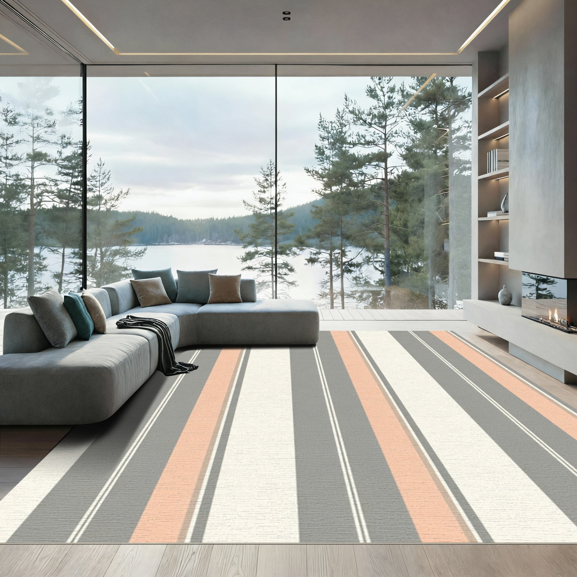 Soft Peach Gray White Stripe Run Rug
