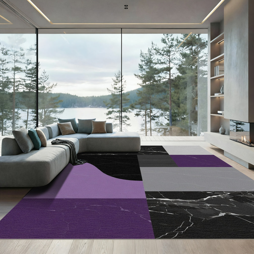 Modern Black Purple Gray Marbled Terrain Rug