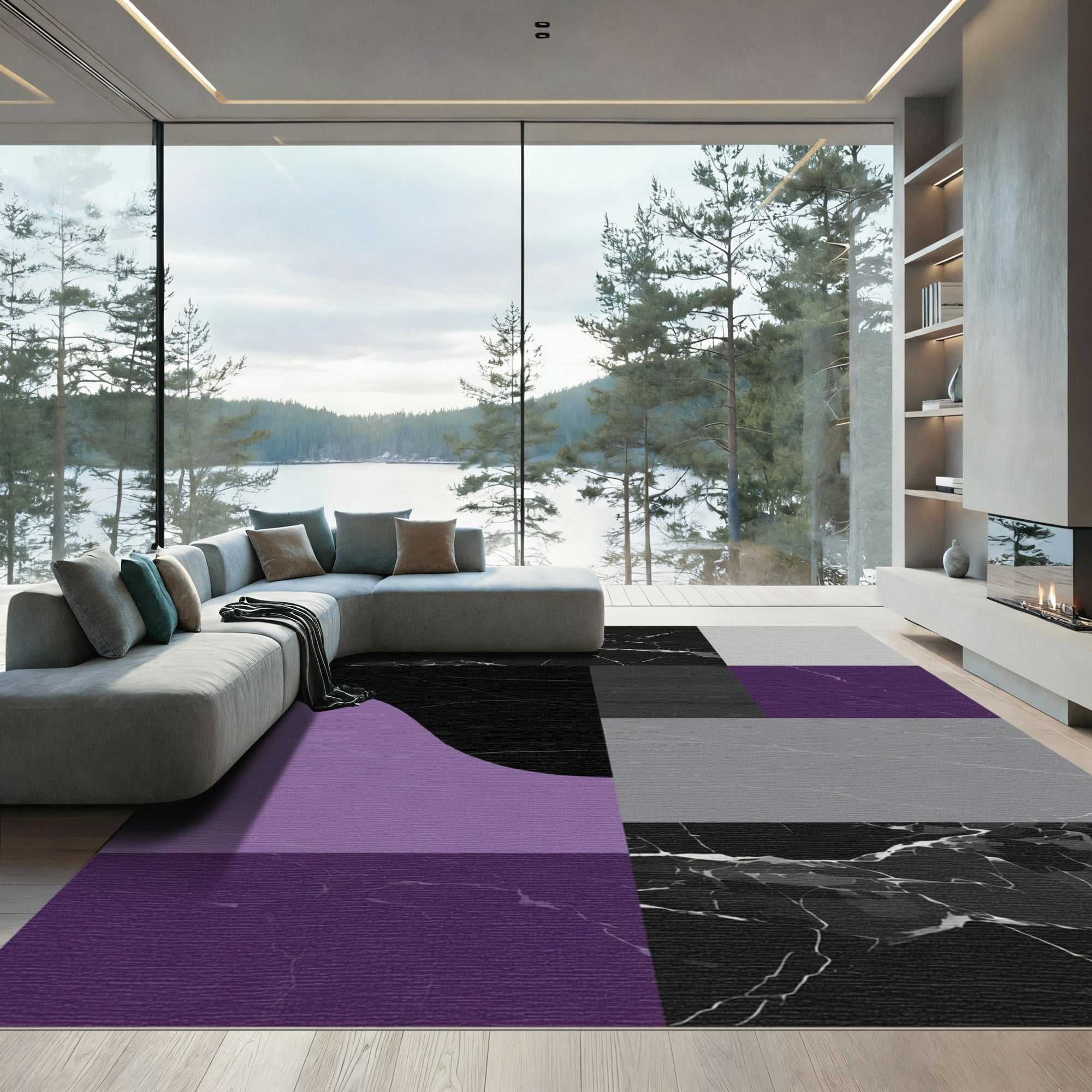 Modern Black Purple Gray Marbled Terrain Rug