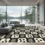 Cream Flowers and Dots Black Rug