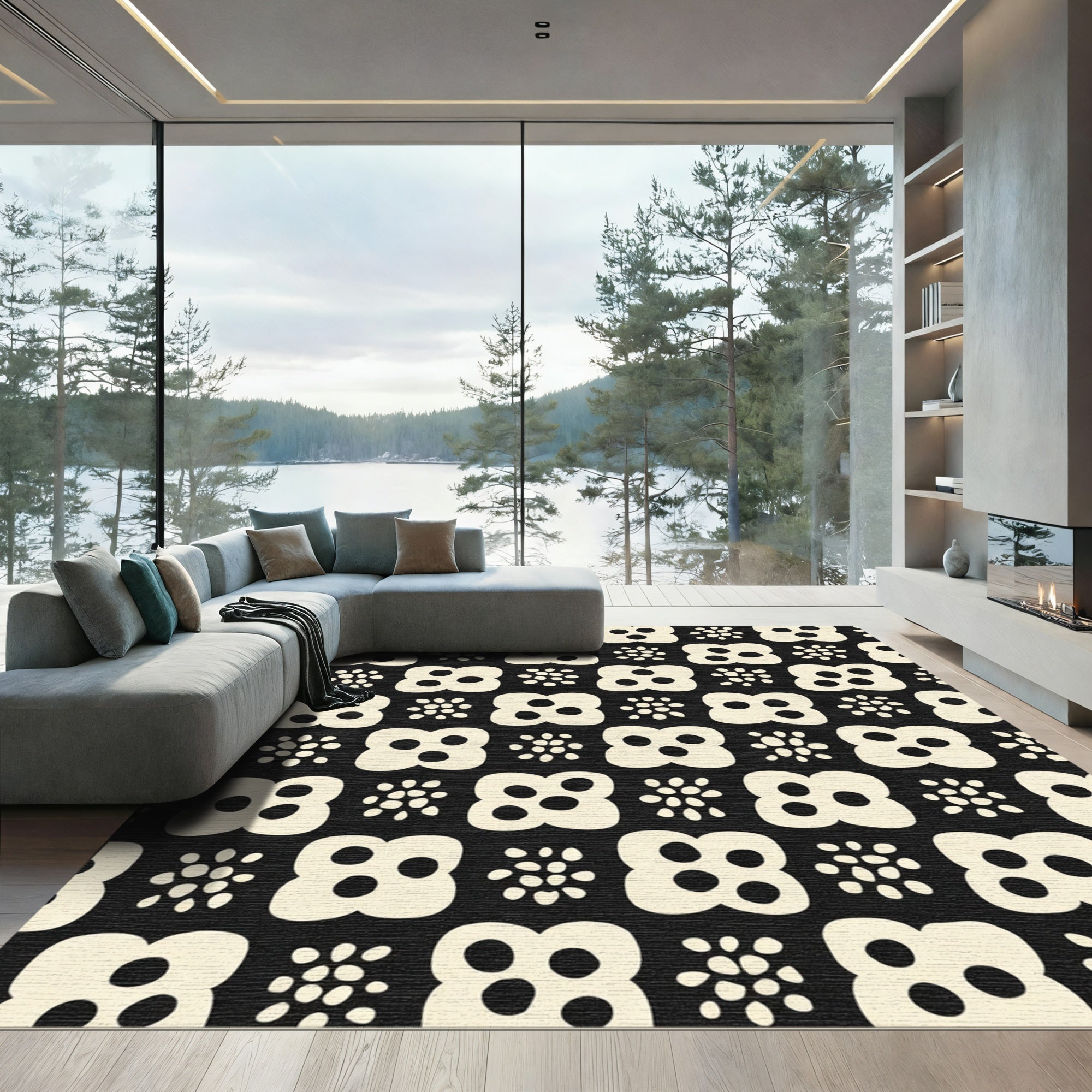 Cream Flowers and Dots Black Rug