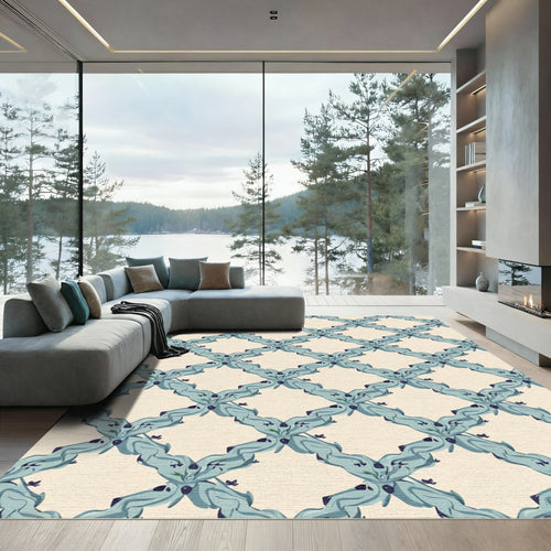Aqua Whimsical Diamond Lattice Butterflies Rug